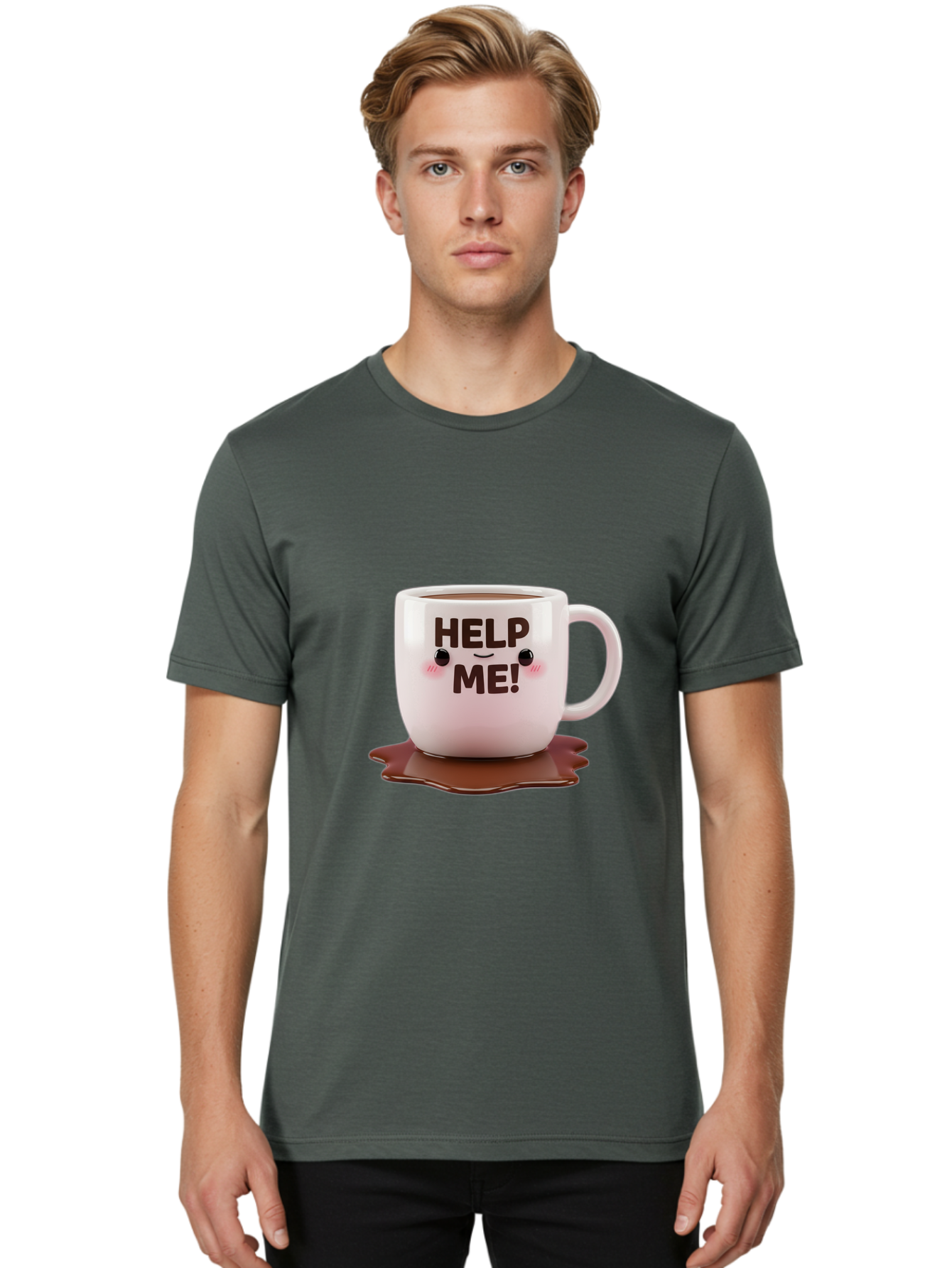 Help-Me-1 Men'S Graphic Tee, 100% Cotton, Comfortable Casual Summer Wear, Machine Washable, Help Me Coffee Mug, Cute Cartoon Design, Coffee Spill, Brown Liquid, Humorous Expression, Adorable Character, Cute Blush Cheeks, Coffee Lover Gift Bac035
