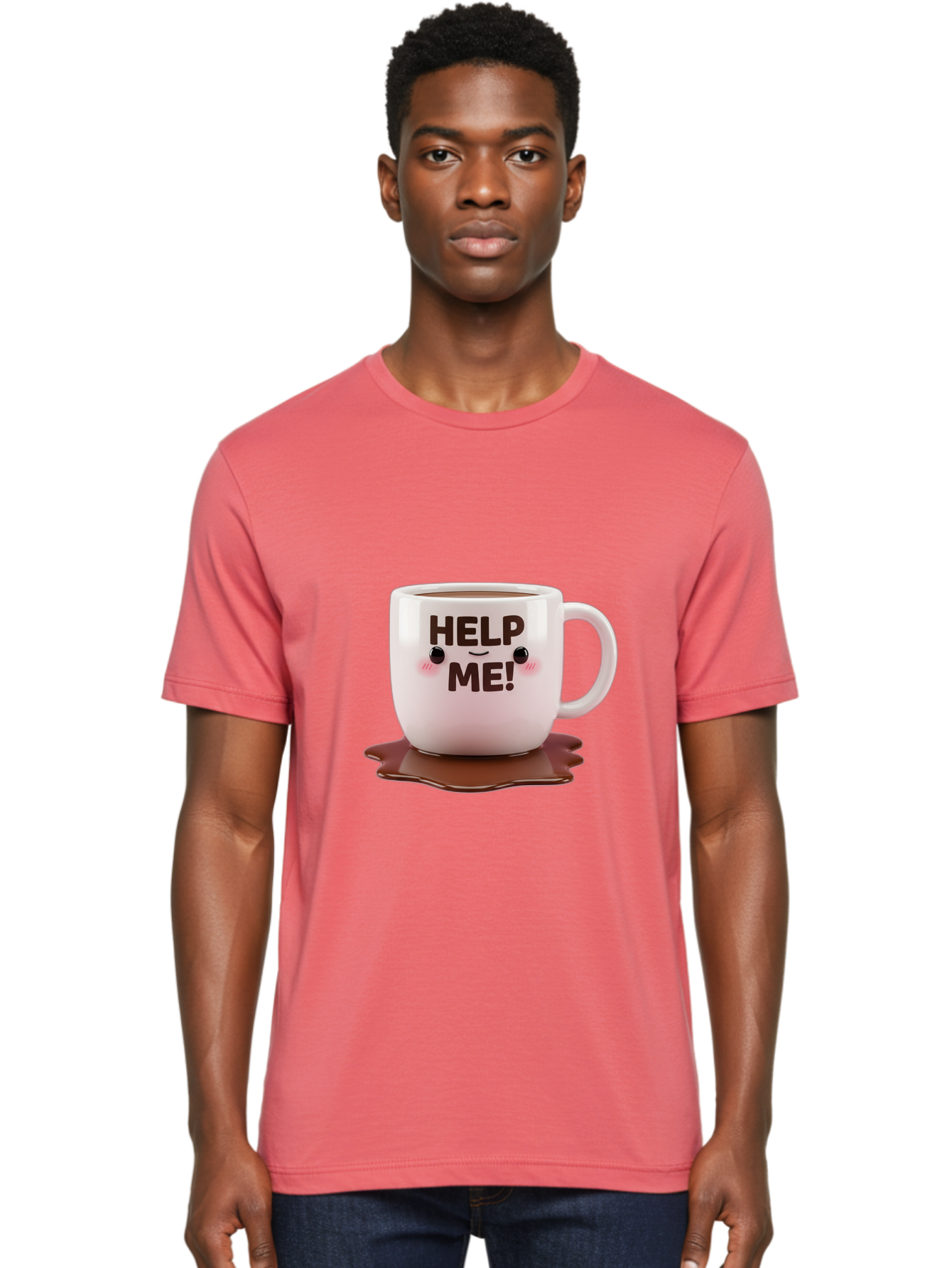Help-Me-1 Men'S Graphic Tee, 100% Cotton, Comfortable Casual Summer Wear, Machine Washable, Help Me Coffee Mug, Cute Cartoon Design, Coffee Spill, Brown Liquid, Humorous Expression, Adorable Character, Cute Blush Cheeks, Coffee Lover Gift Bac035