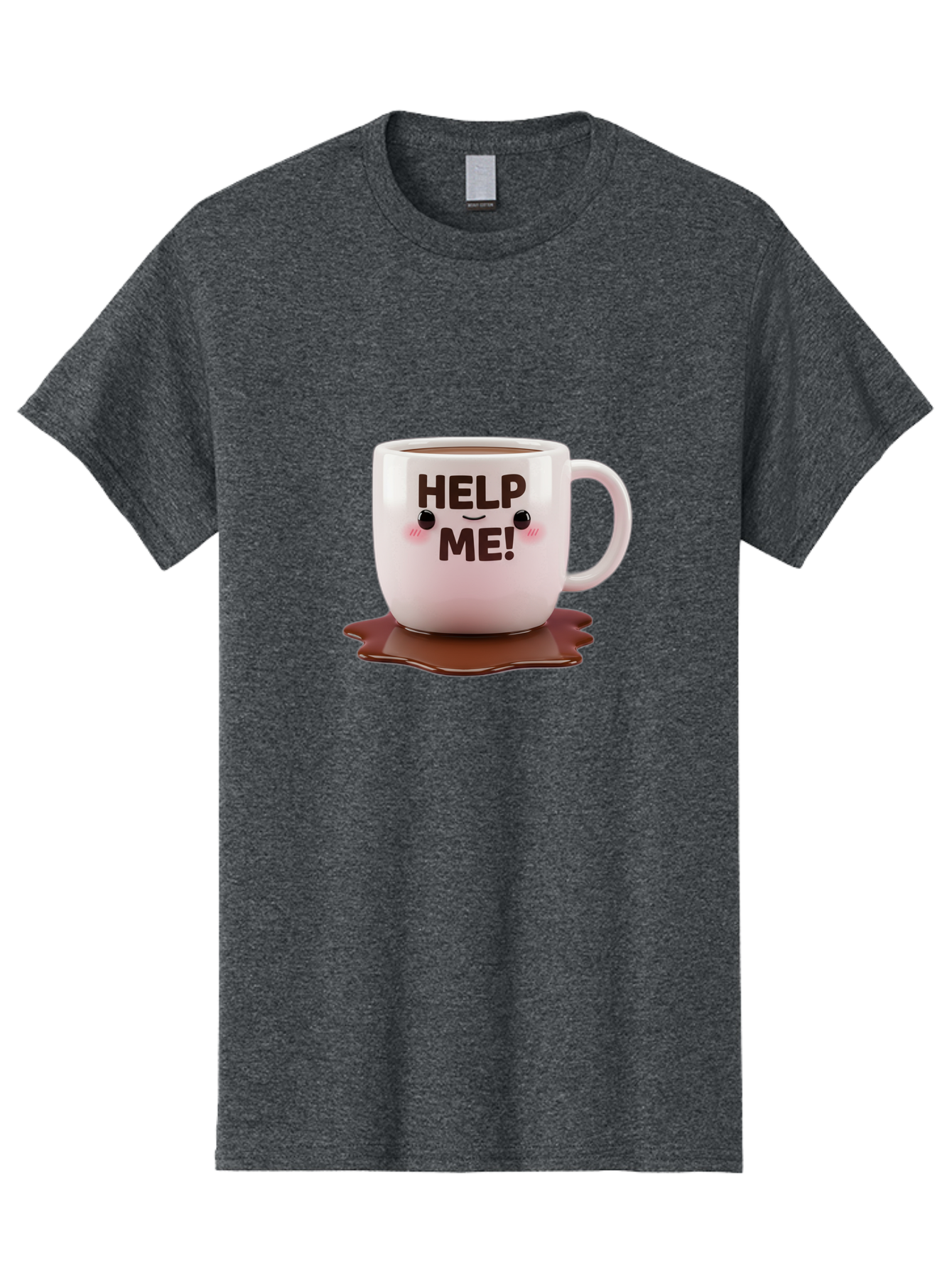 Help-Me-1 Men'S Graphic Tee, 100% Cotton, Comfortable Casual Summer Wear, Machine Washable, Help Me Coffee Mug, Cute Cartoon Design, Coffee Spill, Brown Liquid, Humorous Expression, Adorable Character, Cute Blush Cheeks, Coffee Lover Gift Bac035