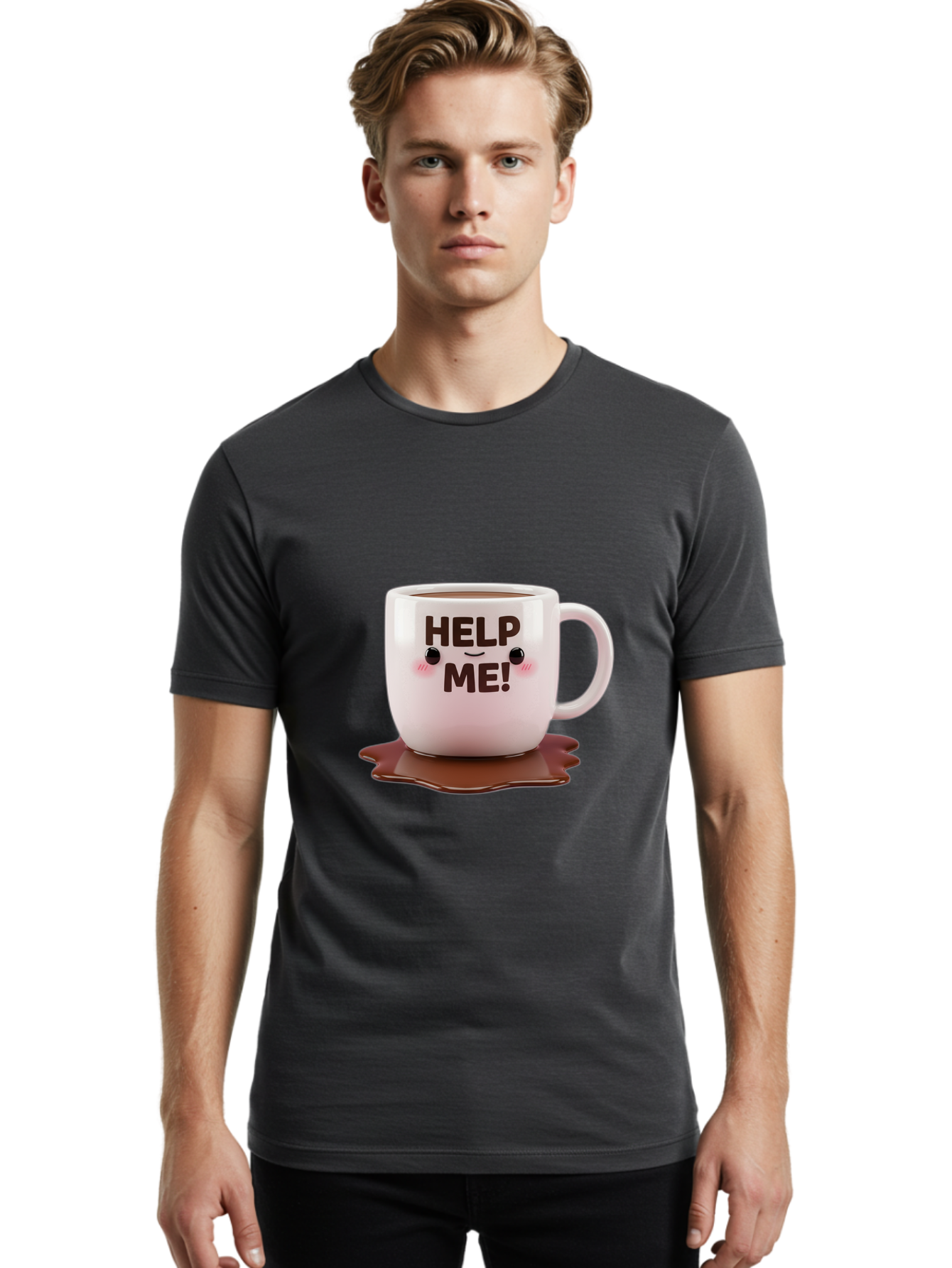 Help-Me-1 Men'S Graphic Tee, 100% Cotton, Comfortable Casual Summer Wear, Machine Washable, Help Me Coffee Mug, Cute Cartoon Design, Coffee Spill, Brown Liquid, Humorous Expression, Adorable Character, Cute Blush Cheeks, Coffee Lover Gift Bac035