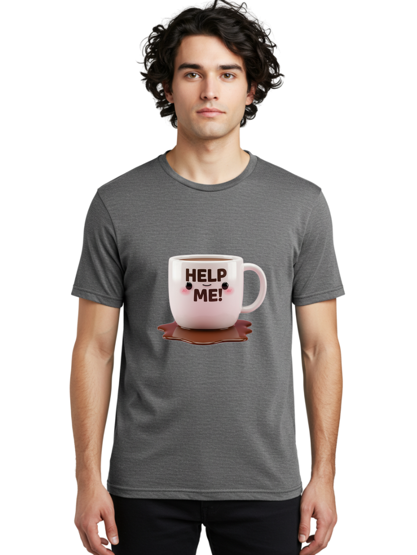 Help-Me-1 Men'S Graphic Tee, 100% Cotton, Comfortable Casual Summer Wear, Machine Washable, Help Me Coffee Mug, Cute Cartoon Design, Coffee Spill, Brown Liquid, Humorous Expression, Adorable Character, Cute Blush Cheeks, Coffee Lover Gift Bac035
