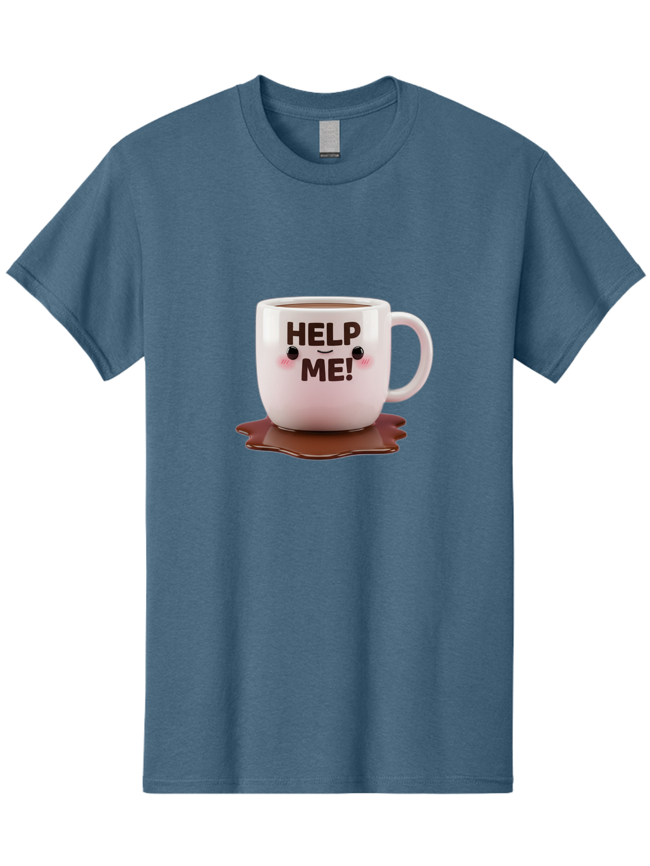 Help-Me-1 Men'S Graphic Tee, 100% Cotton, Comfortable Casual Summer Wear, Machine Washable, Help Me Coffee Mug, Cute Cartoon Design, Coffee Spill, Brown Liquid, Humorous Expression, Adorable Character, Cute Blush Cheeks, Coffee Lover Gift Bac035