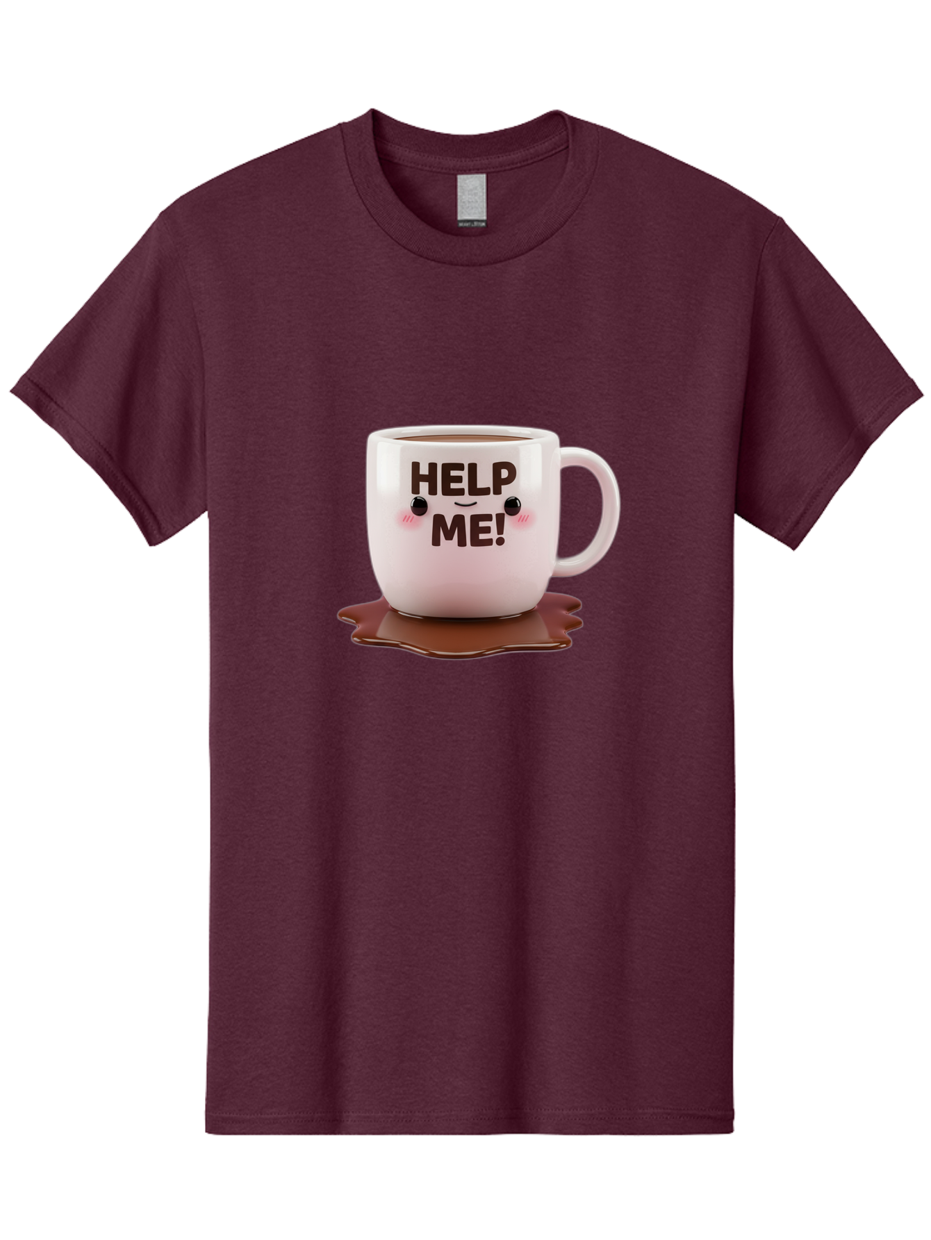 Help-Me-1 Men'S Graphic Tee, 100% Cotton, Comfortable Casual Summer Wear, Machine Washable, Help Me Coffee Mug, Cute Cartoon Design, Coffee Spill, Brown Liquid, Humorous Expression, Adorable Character, Cute Blush Cheeks, Coffee Lover Gift Bac035