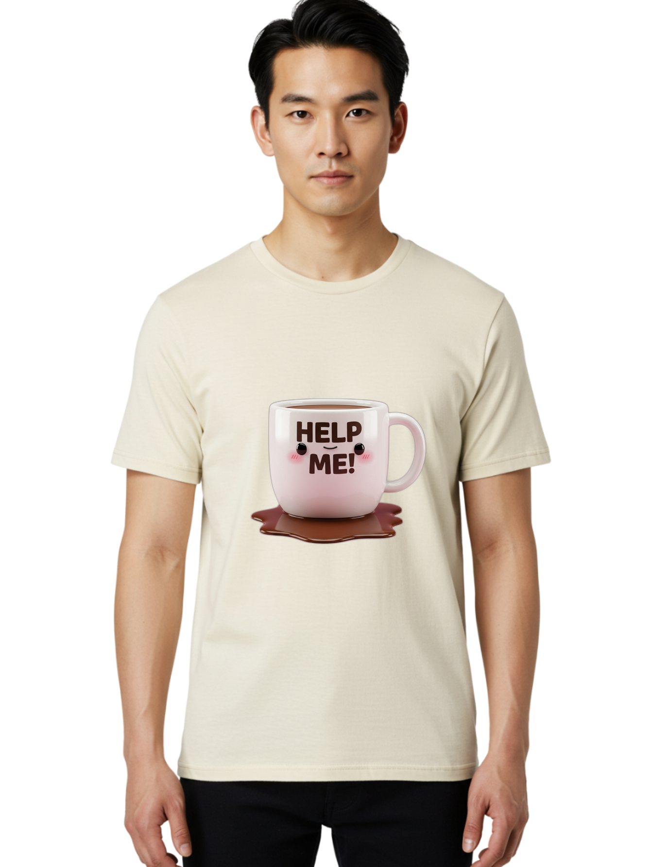 Help-Me-1 Men'S Graphic Tee, 100% Cotton, Comfortable Casual Summer Wear, Machine Washable, Help Me Coffee Mug, Cute Cartoon Design, Coffee Spill, Brown Liquid, Humorous Expression, Adorable Character, Cute Blush Cheeks, Coffee Lover Gift Bac035