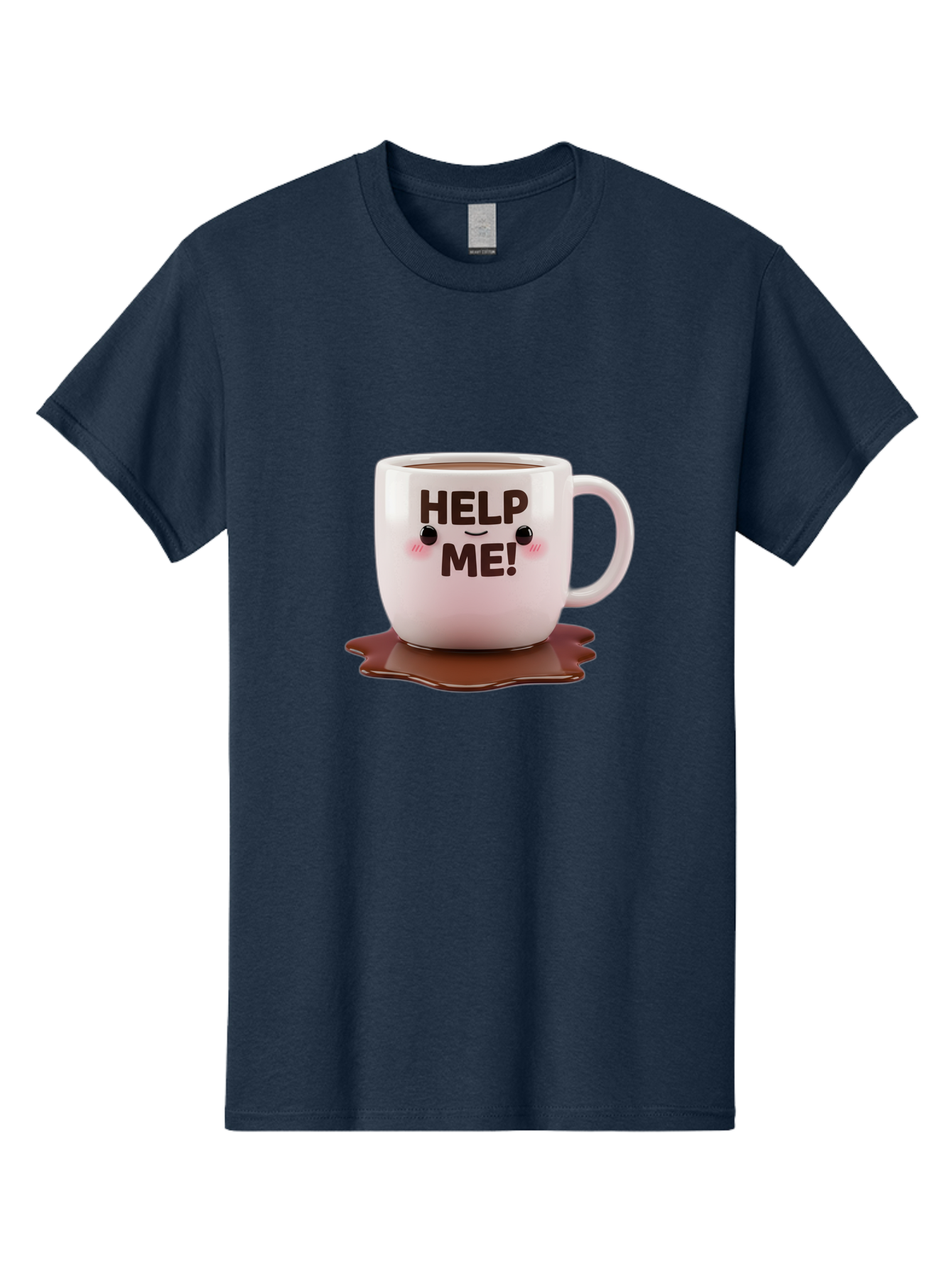 Help-Me-1 Men'S Graphic Tee, 100% Cotton, Comfortable Casual Summer Wear, Machine Washable, Help Me Coffee Mug, Cute Cartoon Design, Coffee Spill, Brown Liquid, Humorous Expression, Adorable Character, Cute Blush Cheeks, Coffee Lover Gift Bac035