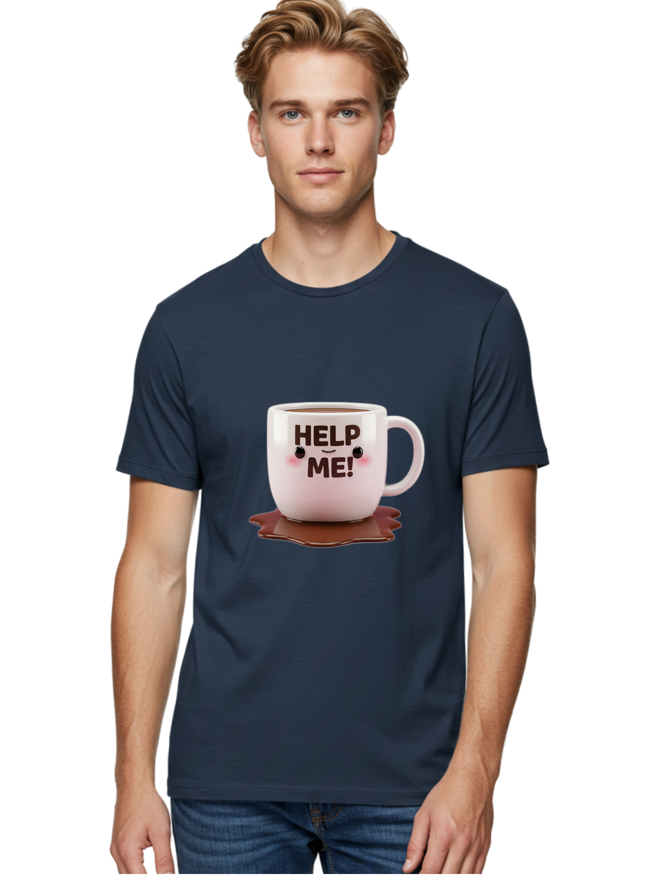 Help-Me-1 Men'S Graphic Tee, 100% Cotton, Comfortable Casual Summer Wear, Machine Washable, Help Me Coffee Mug, Cute Cartoon Design, Coffee Spill, Brown Liquid, Humorous Expression, Adorable Character, Cute Blush Cheeks, Coffee Lover Gift Bac035