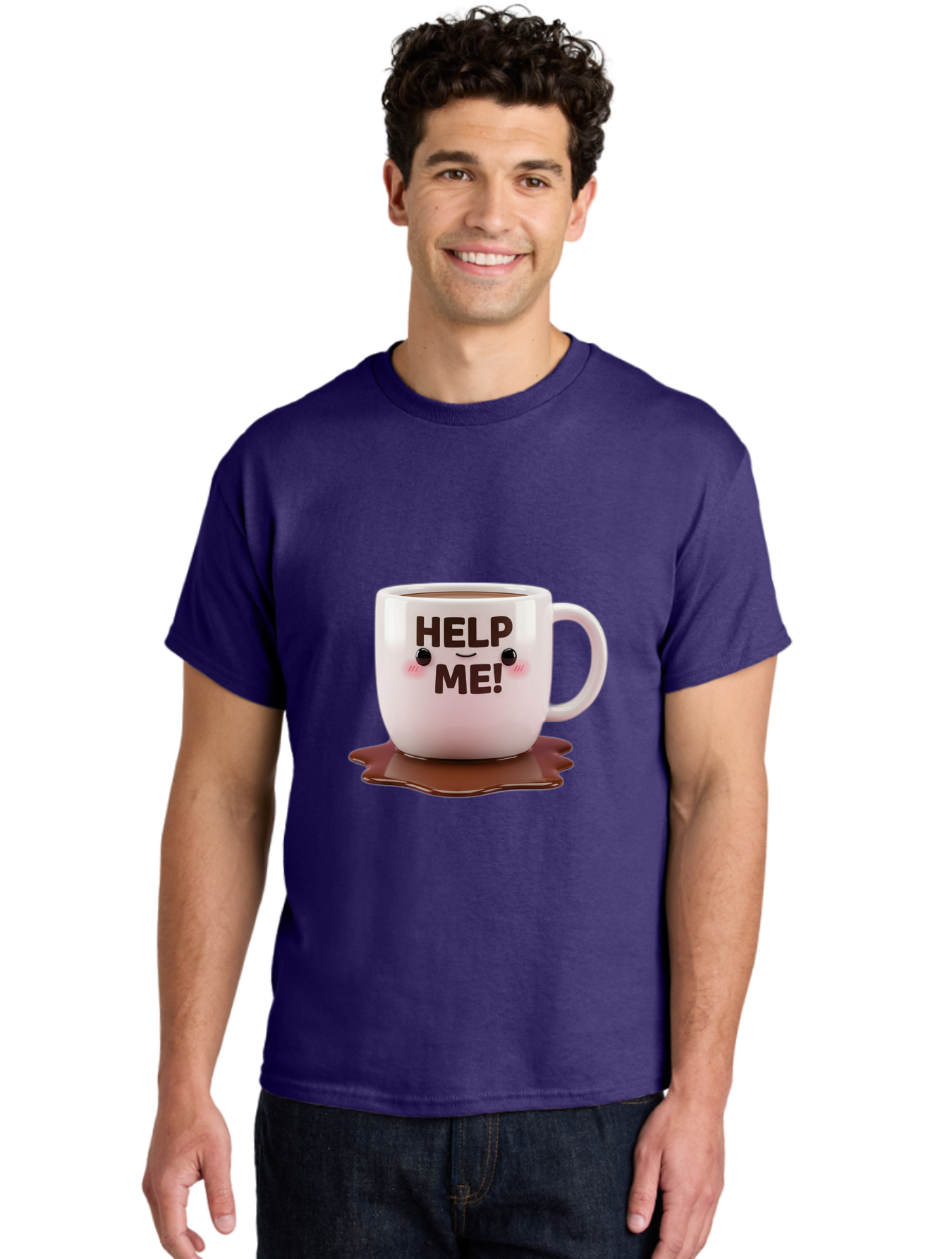 Help-Me-1 Men'S Graphic Tee, 100% Cotton, Comfortable Casual Summer Wear, Machine Washable, Help Me Coffee Mug, Cute Cartoon Design, Coffee Spill, Brown Liquid, Humorous Expression, Adorable Character, Cute Blush Cheeks, Coffee Lover Gift Bac035