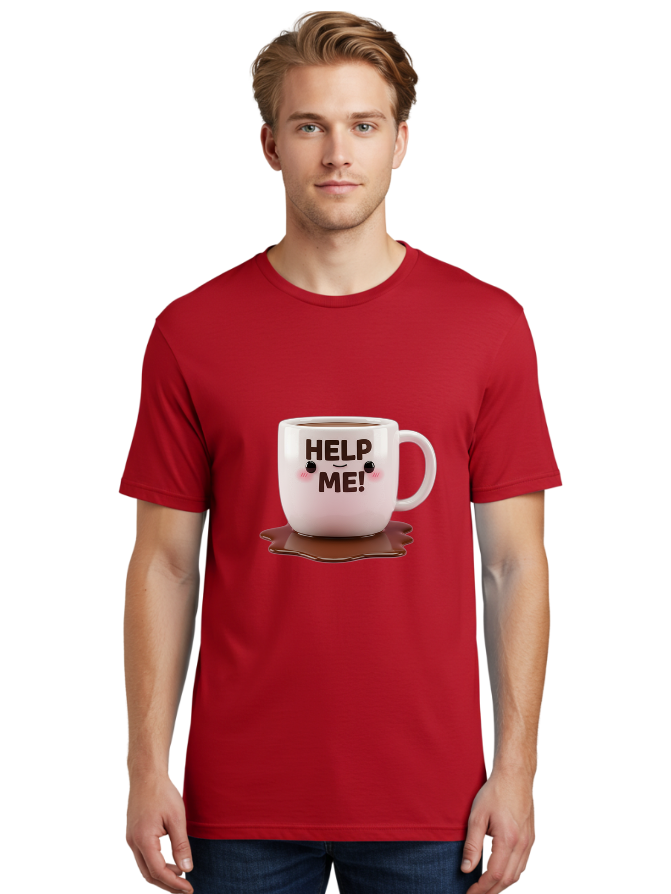 Help-Me-1 Men'S Graphic Tee, 100% Cotton, Comfortable Casual Summer Wear, Machine Washable, Help Me Coffee Mug, Cute Cartoon Design, Coffee Spill, Brown Liquid, Humorous Expression, Adorable Character, Cute Blush Cheeks, Coffee Lover Gift Bac035
