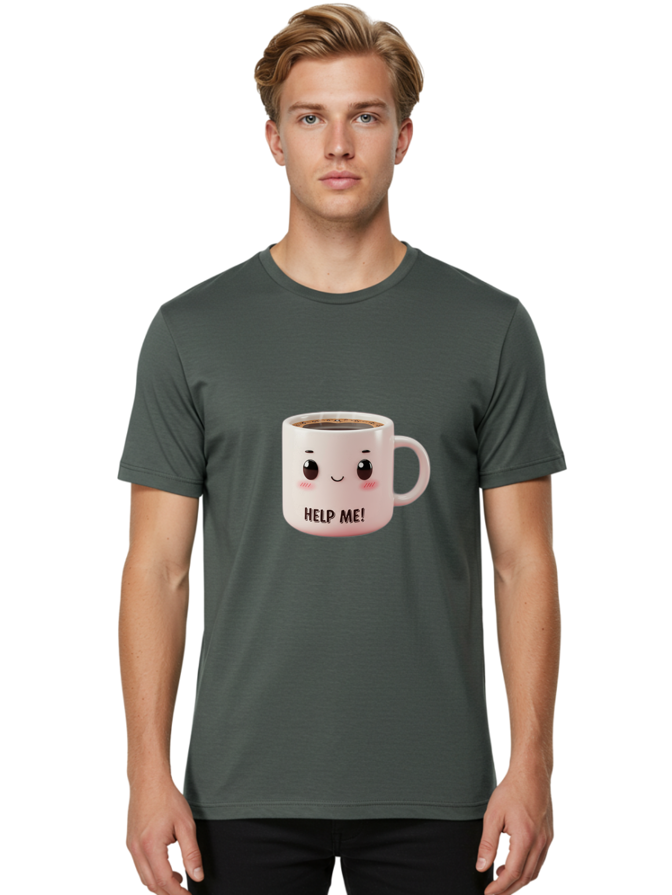 Help-Me-10 Men'S Graphic Tee, 100% Cotton, Comfortable Casual Summer Wear, Machine Washable, Cute Coffee Mug, Funny Design, Cartoon Eyes, Help Me Text, Coffee Culture, Humorous Meme, Relatable Humor, Coffee Lover Gift, Quirky Design Bac036