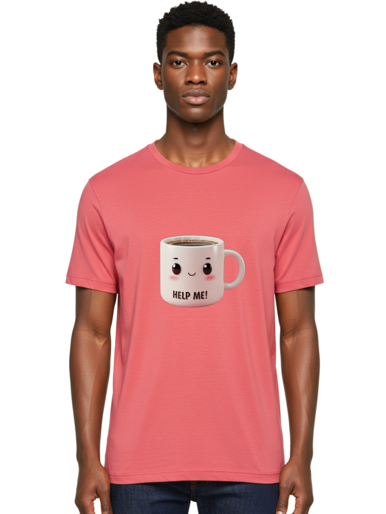 Help-Me-10 Men'S Graphic Tee, 100% Cotton, Comfortable Casual Summer Wear, Machine Washable, Cute Coffee Mug, Funny Design, Cartoon Eyes, Help Me Text, Coffee Culture, Humorous Meme, Relatable Humor, Coffee Lover Gift, Quirky Design Bac036