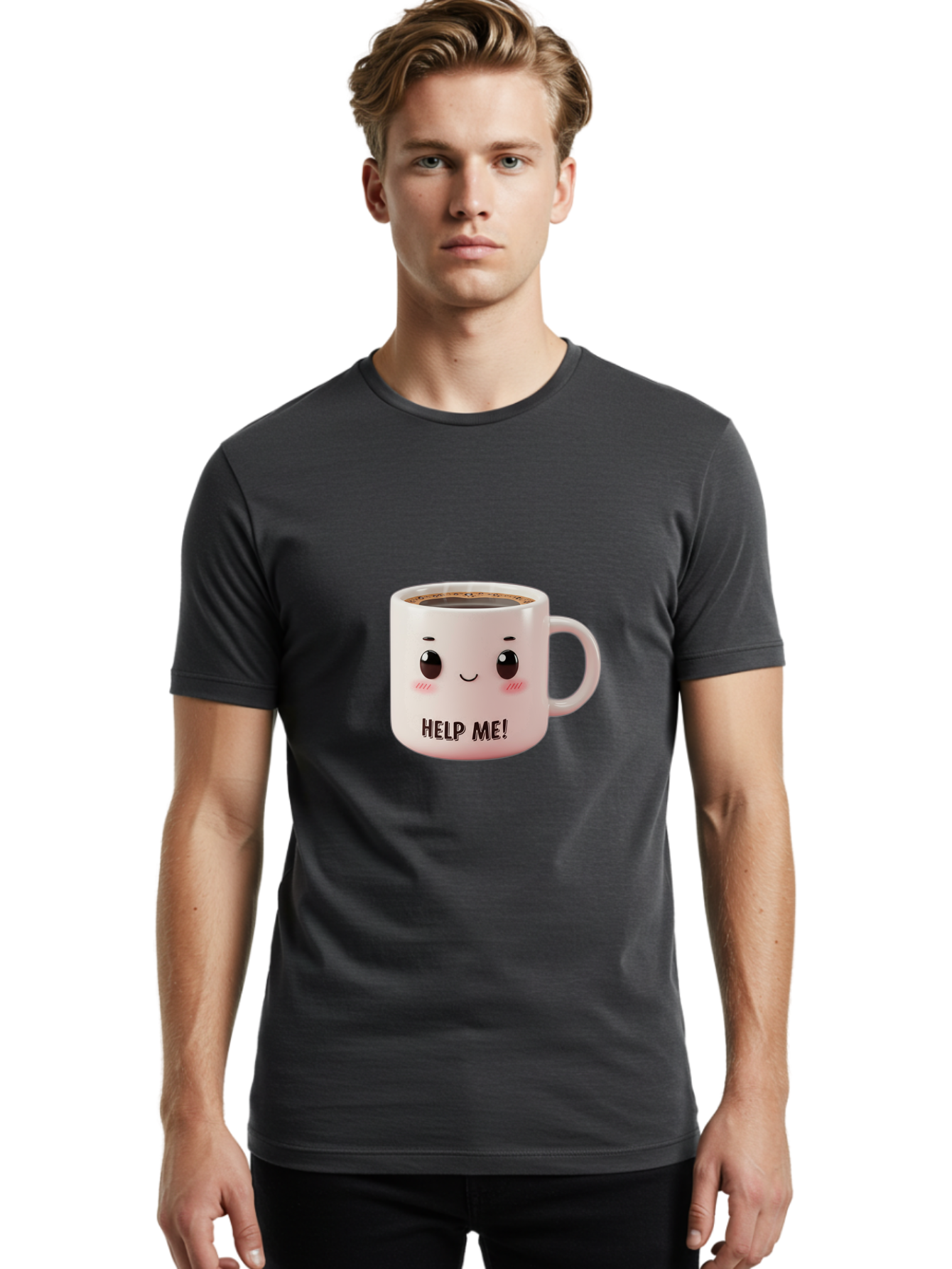 Help-Me-10 Men'S Graphic Tee, 100% Cotton, Comfortable Casual Summer Wear, Machine Washable, Cute Coffee Mug, Funny Design, Cartoon Eyes, Help Me Text, Coffee Culture, Humorous Meme, Relatable Humor, Coffee Lover Gift, Quirky Design Bac036