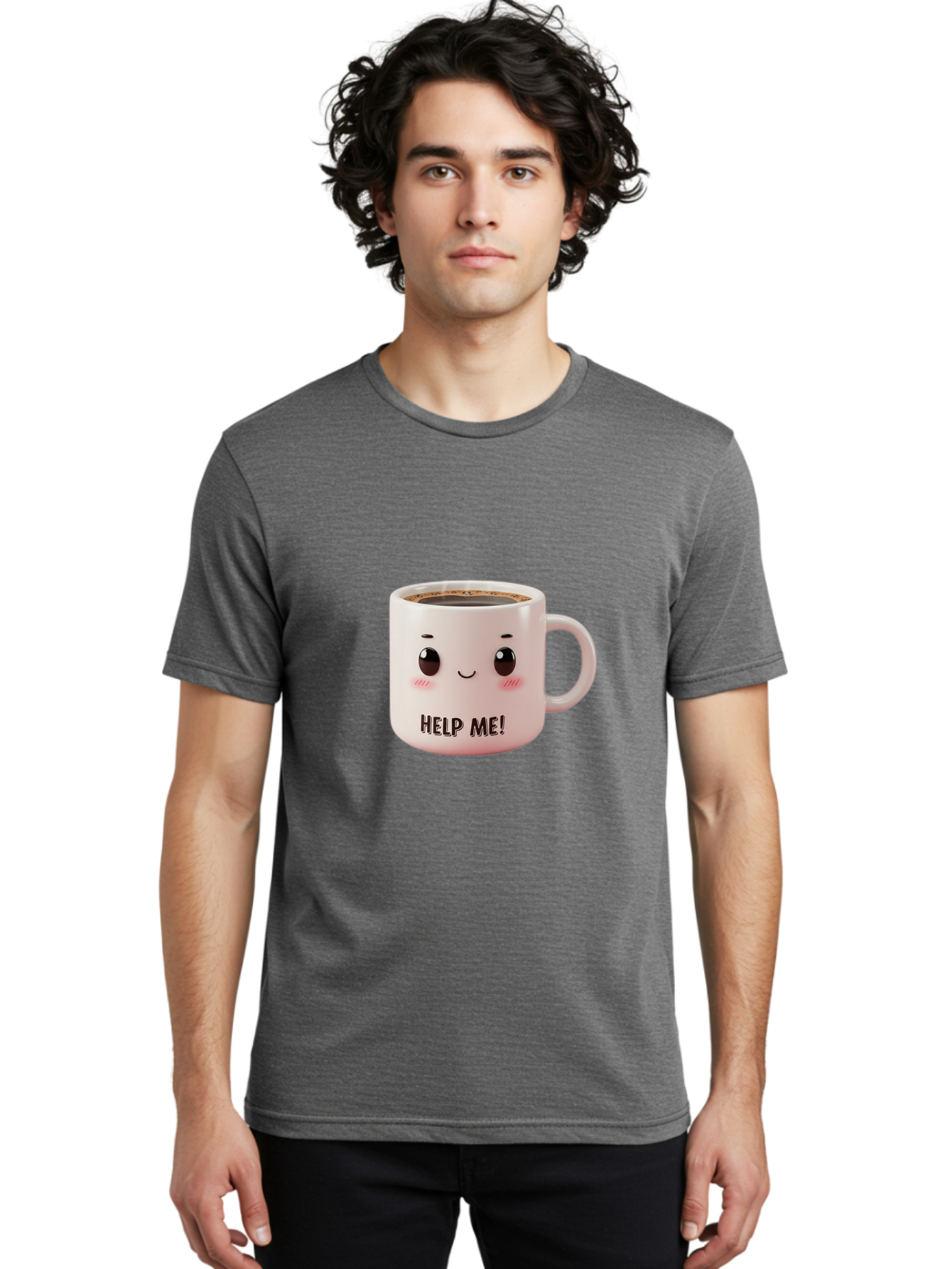Help-Me-10 Men'S Graphic Tee, 100% Cotton, Comfortable Casual Summer Wear, Machine Washable, Cute Coffee Mug, Funny Design, Cartoon Eyes, Help Me Text, Coffee Culture, Humorous Meme, Relatable Humor, Coffee Lover Gift, Quirky Design Bac036