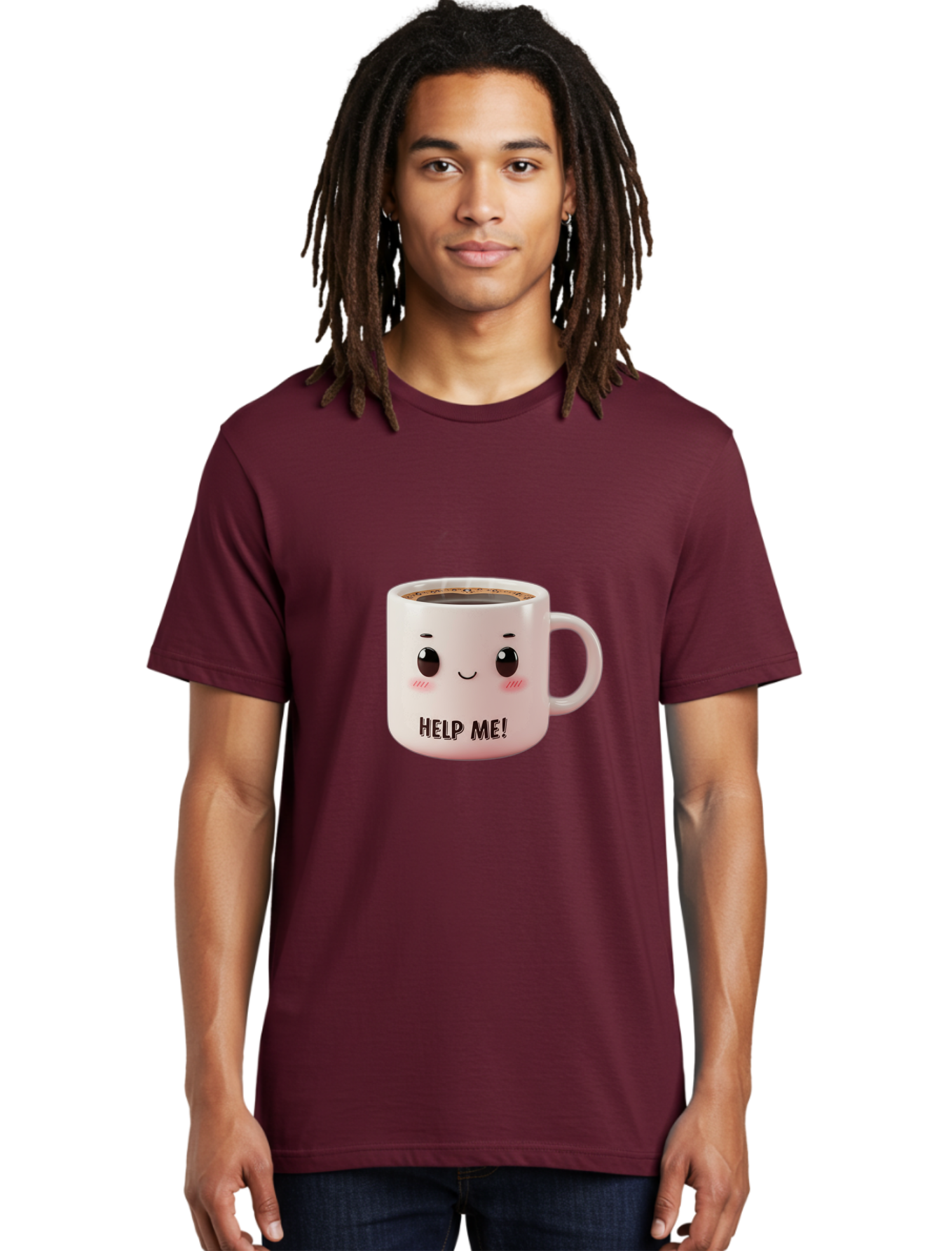 Help-Me-10 Men'S Graphic Tee, 100% Cotton, Comfortable Casual Summer Wear, Machine Washable, Cute Coffee Mug, Funny Design, Cartoon Eyes, Help Me Text, Coffee Culture, Humorous Meme, Relatable Humor, Coffee Lover Gift, Quirky Design Bac036
