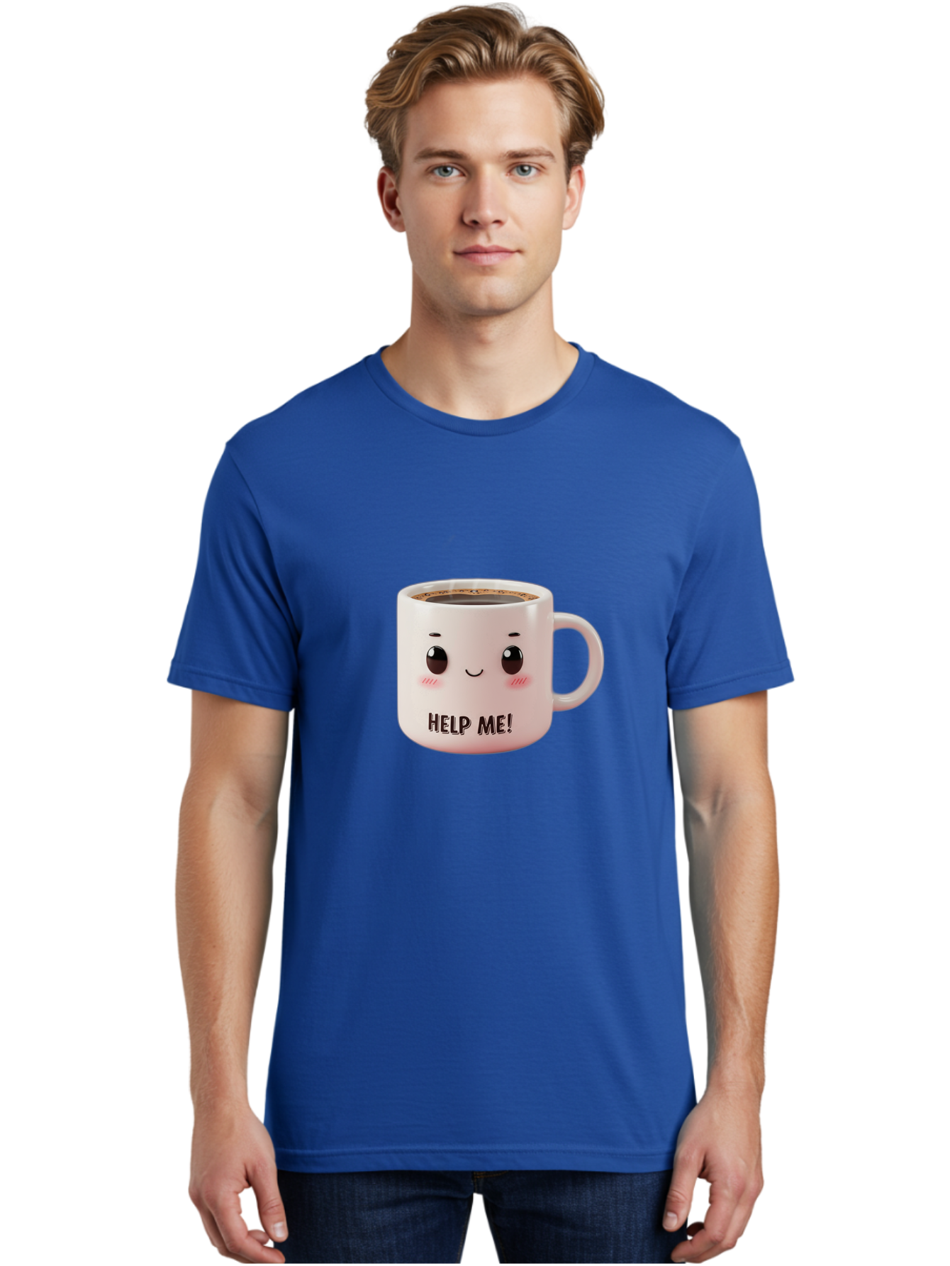 Help-Me-10 Men'S Graphic Tee, 100% Cotton, Comfortable Casual Summer Wear, Machine Washable, Cute Coffee Mug, Funny Design, Cartoon Eyes, Help Me Text, Coffee Culture, Humorous Meme, Relatable Humor, Coffee Lover Gift, Quirky Design Bac036
