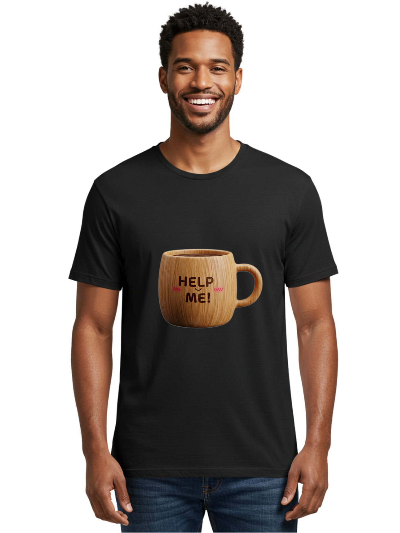 Help-Me-11 Men'S Graphic Tee, 100% Cotton, Comfortable Casual Summer Wear, Machine Washable, Wooden Coffee Mug, Text Design, Humorous Phrase, Funny Quote, Help Me, Quirky Decor, Novelty Gift, Unique Coffee Cup, Whimsical Illustration Bac037