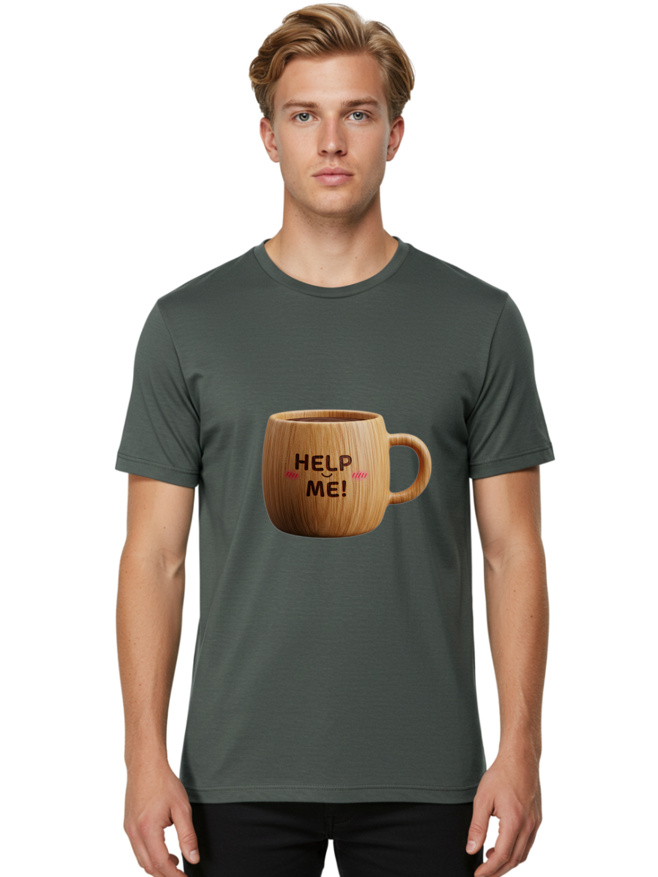 Help-Me-11 Men'S Graphic Tee, 100% Cotton, Comfortable Casual Summer Wear, Machine Washable, Wooden Coffee Mug, Text Design, Humorous Phrase, Funny Quote, Help Me, Quirky Decor, Novelty Gift, Unique Coffee Cup, Whimsical Illustration Bac037