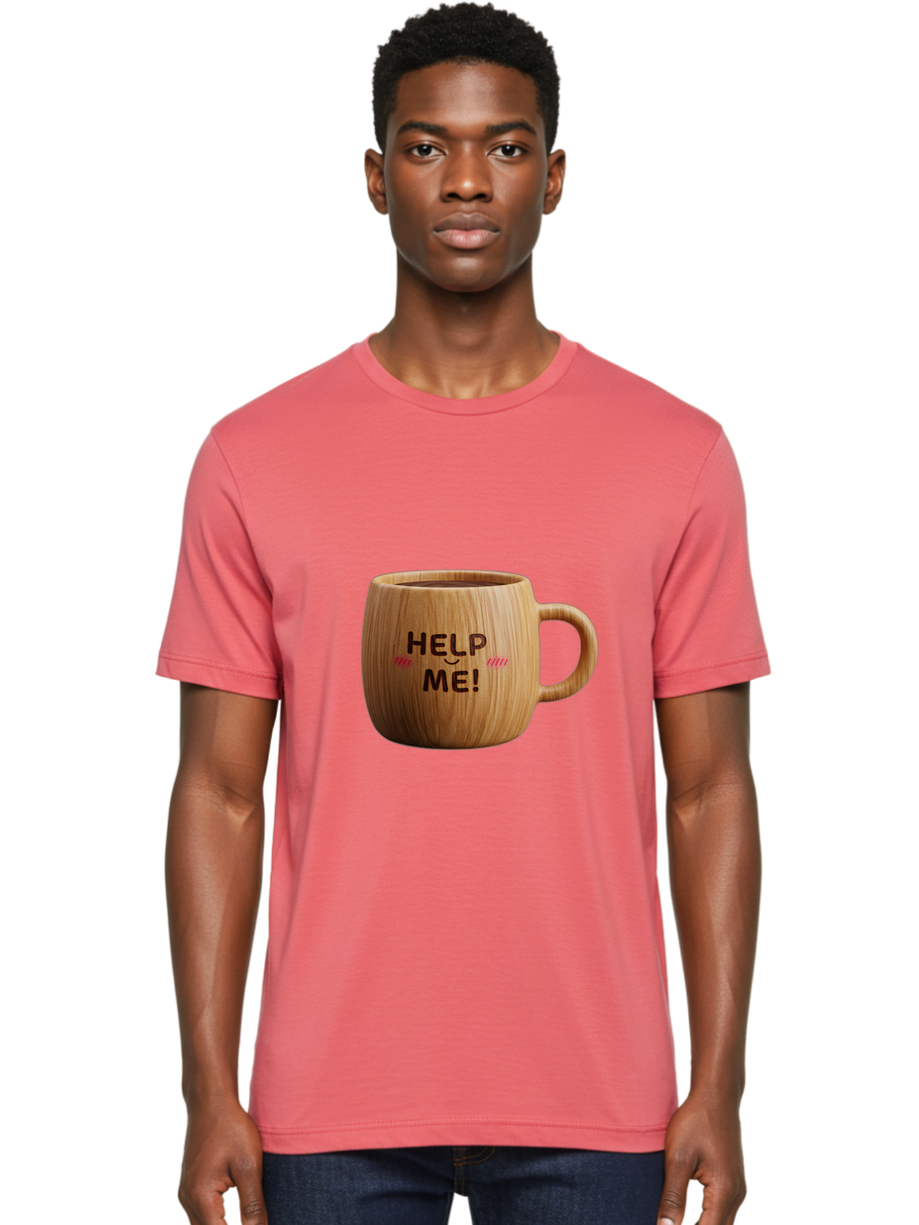 Help-Me-11 Men'S Graphic Tee, 100% Cotton, Comfortable Casual Summer Wear, Machine Washable, Wooden Coffee Mug, Text Design, Humorous Phrase, Funny Quote, Help Me, Quirky Decor, Novelty Gift, Unique Coffee Cup, Whimsical Illustration Bac037