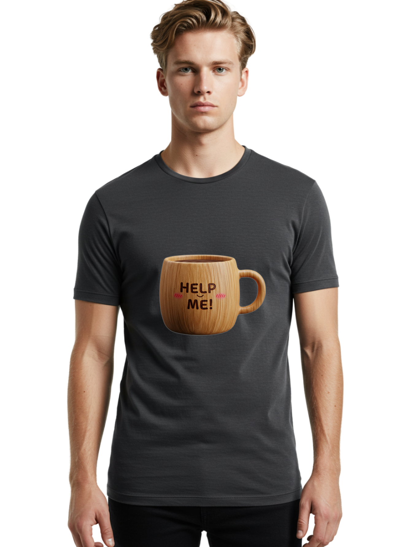 Help-Me-11 Men'S Graphic Tee, 100% Cotton, Comfortable Casual Summer Wear, Machine Washable, Wooden Coffee Mug, Text Design, Humorous Phrase, Funny Quote, Help Me, Quirky Decor, Novelty Gift, Unique Coffee Cup, Whimsical Illustration Bac037