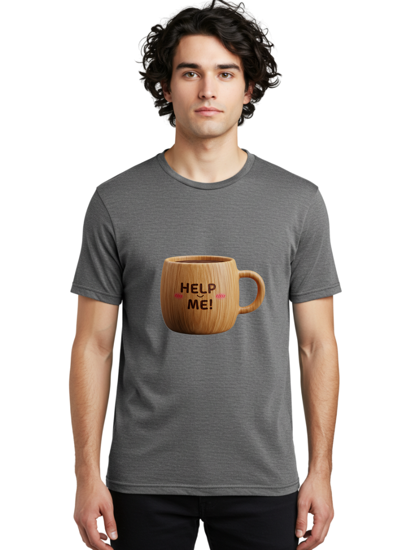 Help-Me-11 Men'S Graphic Tee, 100% Cotton, Comfortable Casual Summer Wear, Machine Washable, Wooden Coffee Mug, Text Design, Humorous Phrase, Funny Quote, Help Me, Quirky Decor, Novelty Gift, Unique Coffee Cup, Whimsical Illustration Bac037