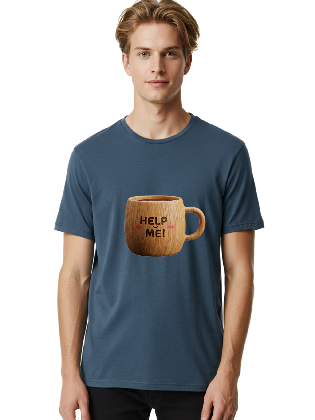 Help-Me-11 Men'S Graphic Tee, 100% Cotton, Comfortable Casual Summer Wear, Machine Washable, Wooden Coffee Mug, Text Design, Humorous Phrase, Funny Quote, Help Me, Quirky Decor, Novelty Gift, Unique Coffee Cup, Whimsical Illustration Bac037