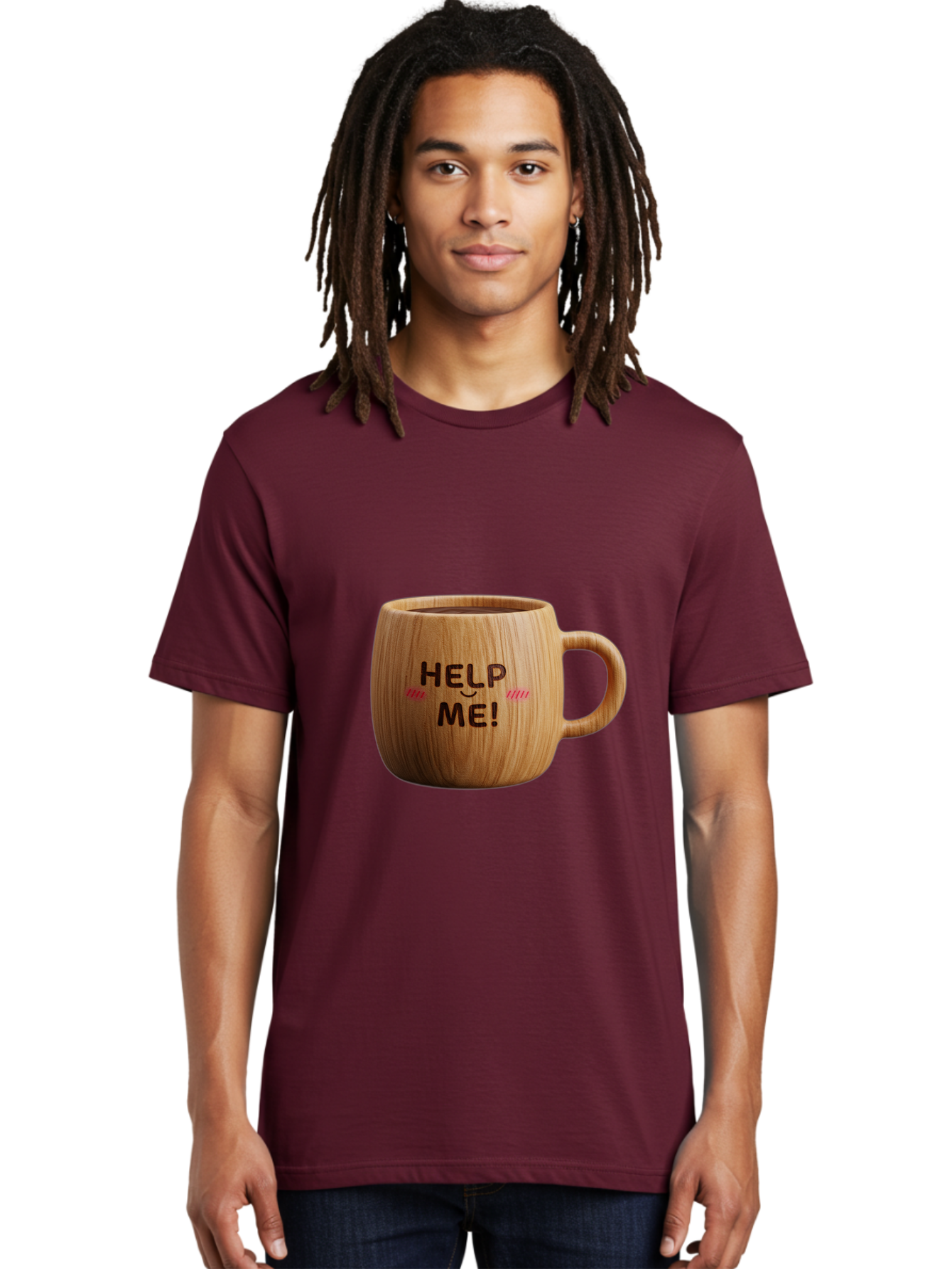 Help-Me-11 Men'S Graphic Tee, 100% Cotton, Comfortable Casual Summer Wear, Machine Washable, Wooden Coffee Mug, Text Design, Humorous Phrase, Funny Quote, Help Me, Quirky Decor, Novelty Gift, Unique Coffee Cup, Whimsical Illustration Bac037