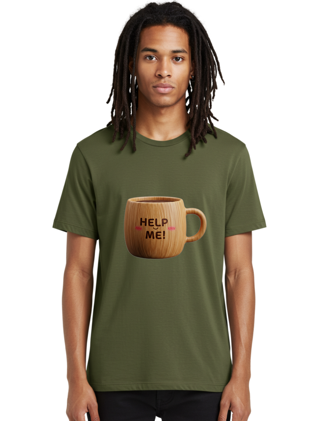 Help-Me-11 Men'S Graphic Tee, 100% Cotton, Comfortable Casual Summer Wear, Machine Washable, Wooden Coffee Mug, Text Design, Humorous Phrase, Funny Quote, Help Me, Quirky Decor, Novelty Gift, Unique Coffee Cup, Whimsical Illustration Bac037