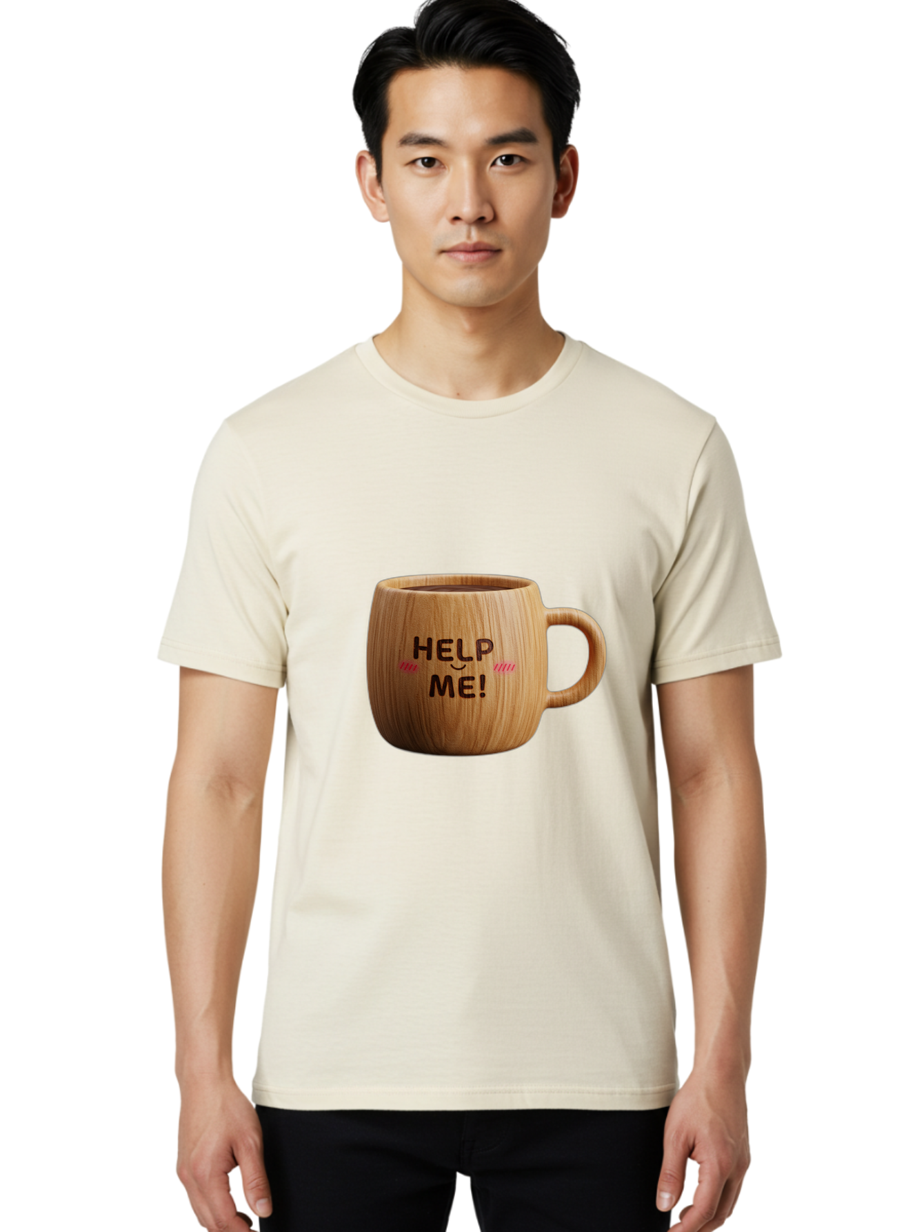 Help-Me-11 Men'S Graphic Tee, 100% Cotton, Comfortable Casual Summer Wear, Machine Washable, Wooden Coffee Mug, Text Design, Humorous Phrase, Funny Quote, Help Me, Quirky Decor, Novelty Gift, Unique Coffee Cup, Whimsical Illustration Bac037