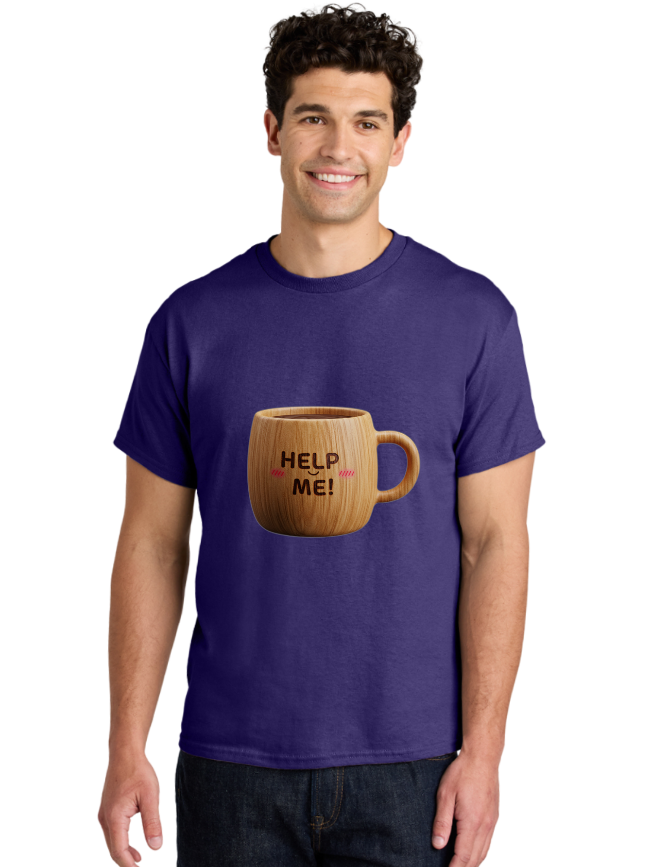 Help-Me-11 Men'S Graphic Tee, 100% Cotton, Comfortable Casual Summer Wear, Machine Washable, Wooden Coffee Mug, Text Design, Humorous Phrase, Funny Quote, Help Me, Quirky Decor, Novelty Gift, Unique Coffee Cup, Whimsical Illustration Bac037