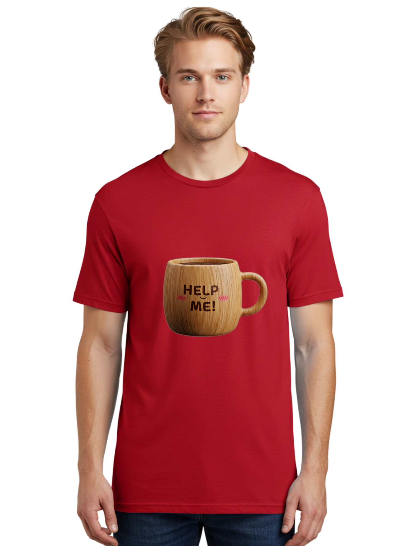 Help-Me-11 Men'S Graphic Tee, 100% Cotton, Comfortable Casual Summer Wear, Machine Washable, Wooden Coffee Mug, Text Design, Humorous Phrase, Funny Quote, Help Me, Quirky Decor, Novelty Gift, Unique Coffee Cup, Whimsical Illustration Bac037