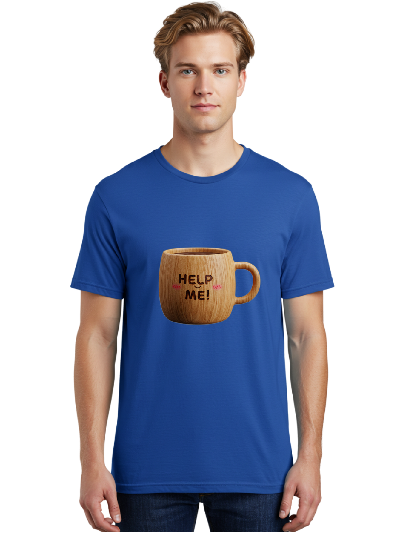 Help-Me-11 Men'S Graphic Tee, 100% Cotton, Comfortable Casual Summer Wear, Machine Washable, Wooden Coffee Mug, Text Design, Humorous Phrase, Funny Quote, Help Me, Quirky Decor, Novelty Gift, Unique Coffee Cup, Whimsical Illustration Bac037