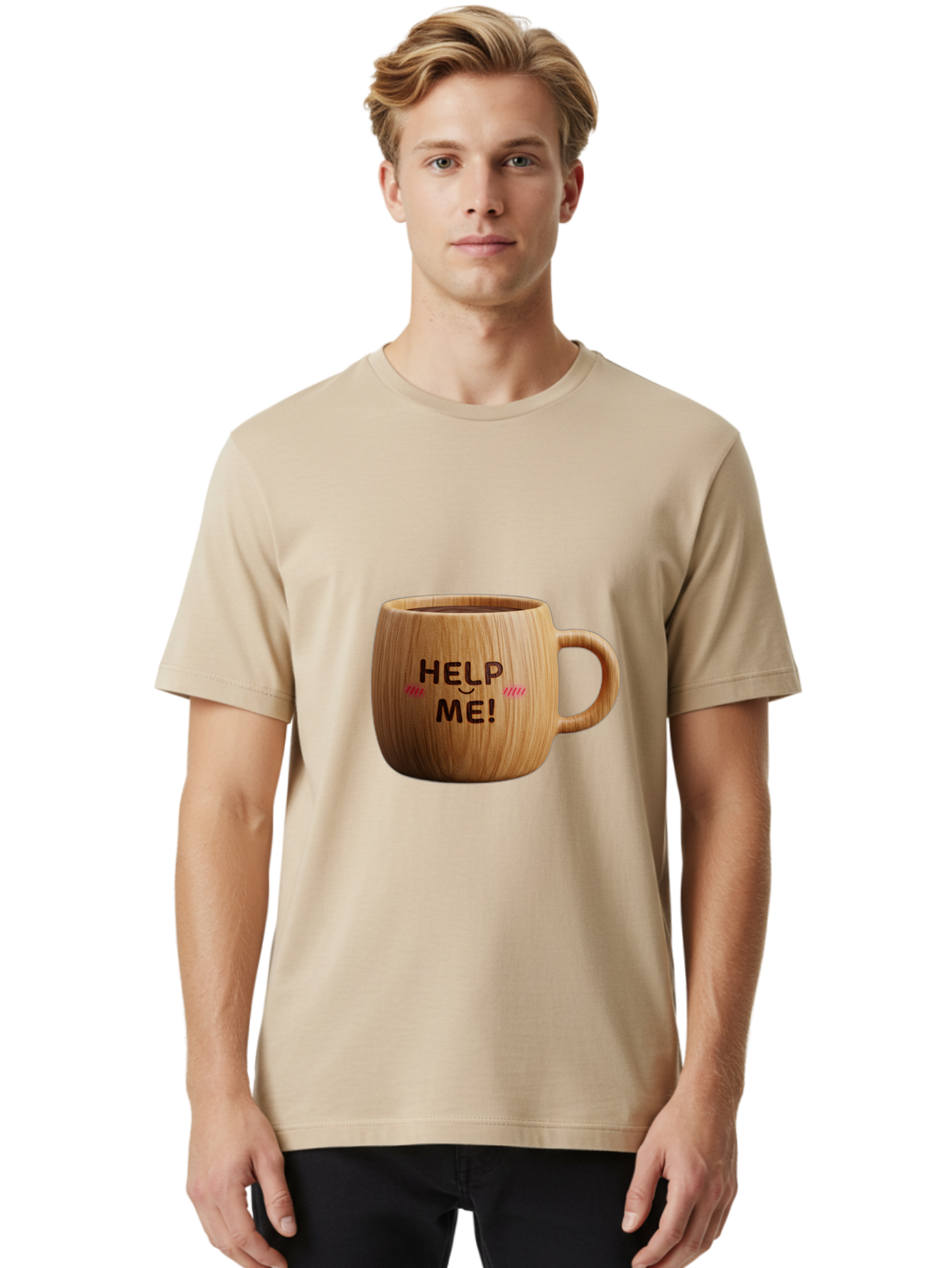 Help-Me-11 Men'S Graphic Tee, 100% Cotton, Comfortable Casual Summer Wear, Machine Washable, Wooden Coffee Mug, Text Design, Humorous Phrase, Funny Quote, Help Me, Quirky Decor, Novelty Gift, Unique Coffee Cup, Whimsical Illustration Bac037