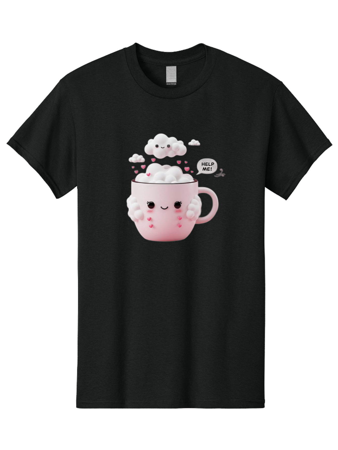 Help-Me-12 Men'S Graphic Tee, 100% Cotton, Comfortable Casual Summer Wear, Machine Washable, Cute Coffee Mug, Cartoon Character, Coffee Foam, Pink Hearts, Smiling Face, Speech Bubble, Help Me, Coffee Lover, Funny Illustration, Kawaii Art, Bac038
