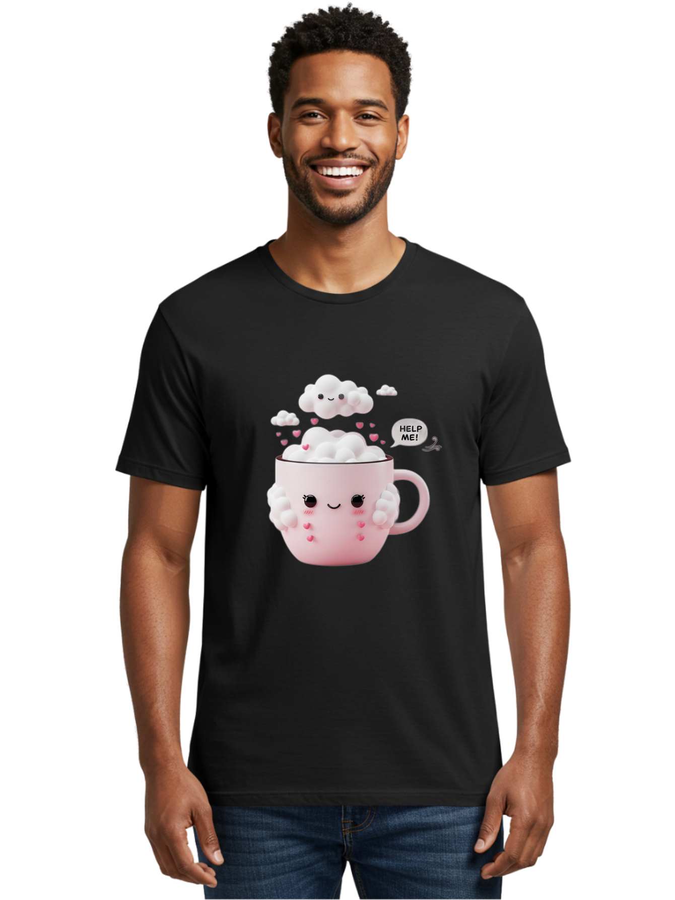 Help-Me-12 Men'S Graphic Tee, 100% Cotton, Comfortable Casual Summer Wear, Machine Washable, Cute Coffee Mug, Cartoon Character, Coffee Foam, Pink Hearts, Smiling Face, Speech Bubble, Help Me, Coffee Lover, Funny Illustration, Kawaii Art, Bac038