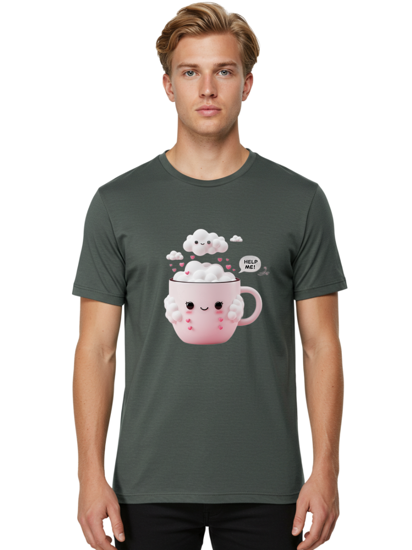 Help-Me-12 Men'S Graphic Tee, 100% Cotton, Comfortable Casual Summer Wear, Machine Washable, Cute Coffee Mug, Cartoon Character, Coffee Foam, Pink Hearts, Smiling Face, Speech Bubble, Help Me, Coffee Lover, Funny Illustration, Kawaii Art, Bac038