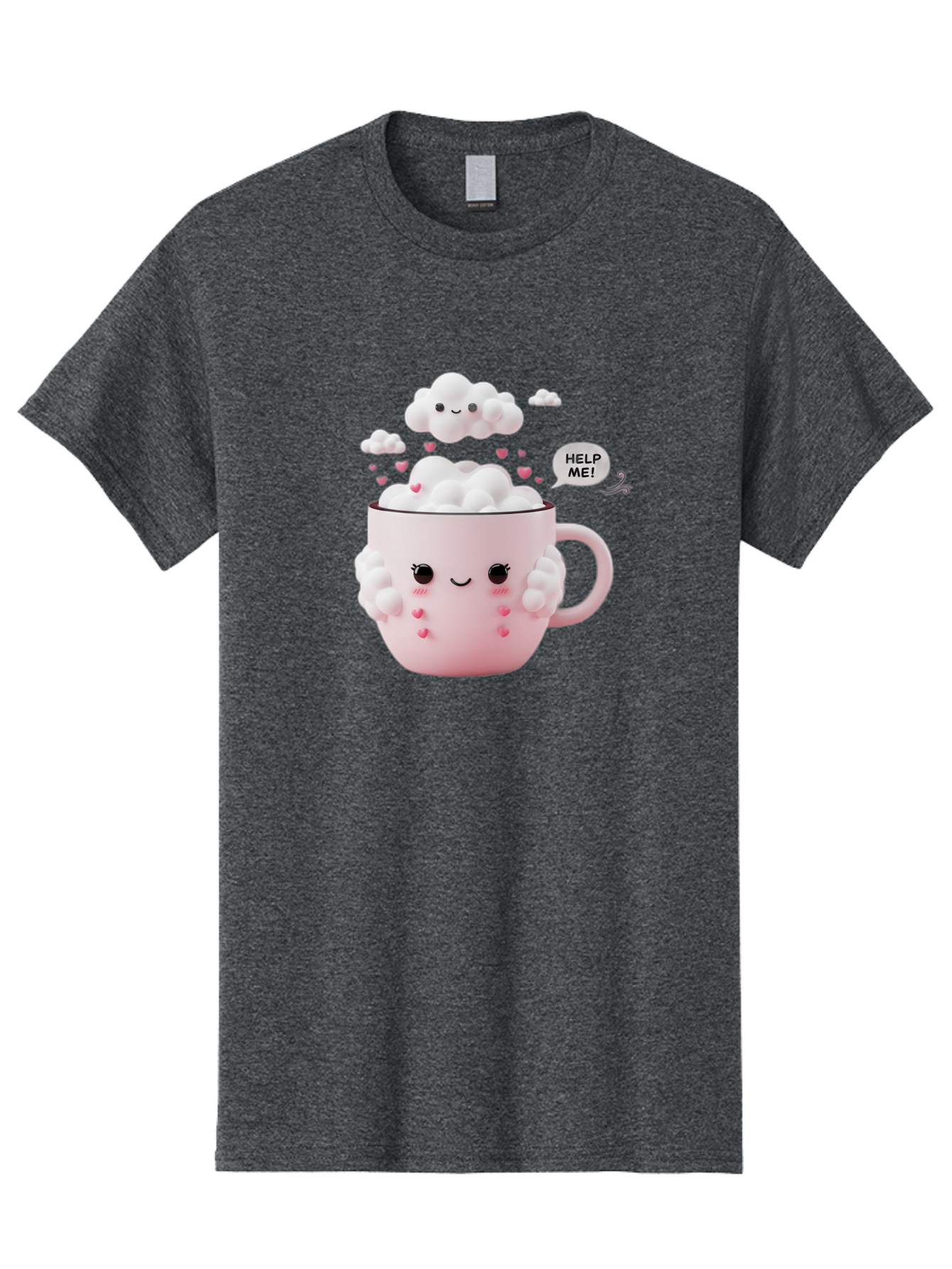 Help-Me-12 Men'S Graphic Tee, 100% Cotton, Comfortable Casual Summer Wear, Machine Washable, Cute Coffee Mug, Cartoon Character, Coffee Foam, Pink Hearts, Smiling Face, Speech Bubble, Help Me, Coffee Lover, Funny Illustration, Kawaii Art, Bac038