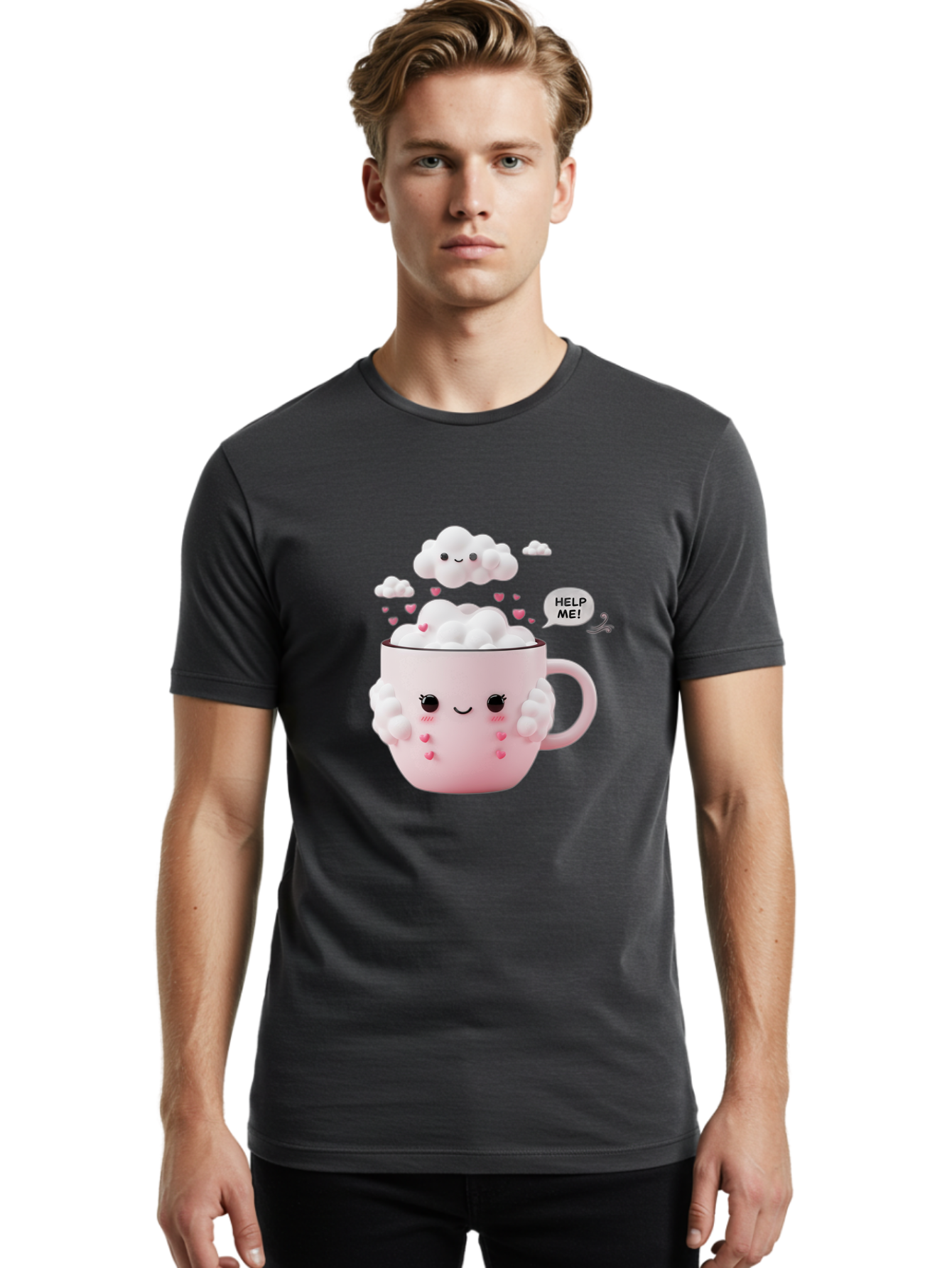 Help-Me-12 Men'S Graphic Tee, 100% Cotton, Comfortable Casual Summer Wear, Machine Washable, Cute Coffee Mug, Cartoon Character, Coffee Foam, Pink Hearts, Smiling Face, Speech Bubble, Help Me, Coffee Lover, Funny Illustration, Kawaii Art, Bac038