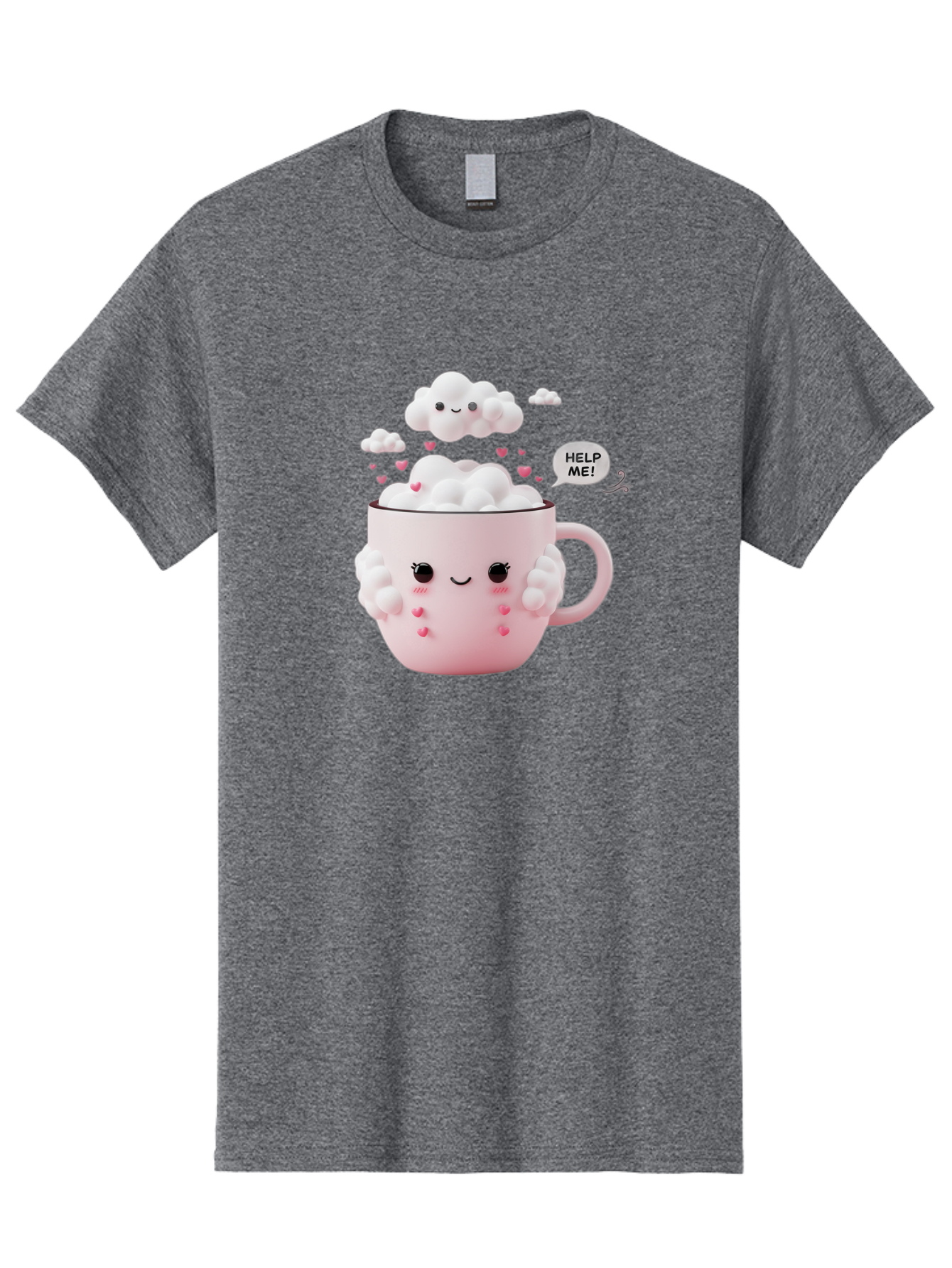 Help-Me-12 Men'S Graphic Tee, 100% Cotton, Comfortable Casual Summer Wear, Machine Washable, Cute Coffee Mug, Cartoon Character, Coffee Foam, Pink Hearts, Smiling Face, Speech Bubble, Help Me, Coffee Lover, Funny Illustration, Kawaii Art, Bac038