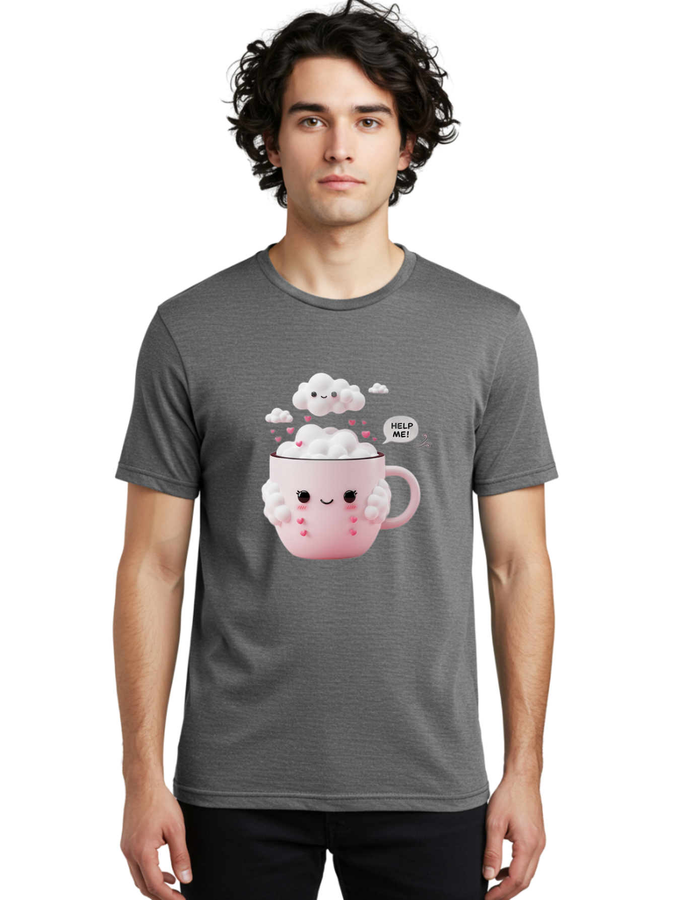 Help-Me-12 Men'S Graphic Tee, 100% Cotton, Comfortable Casual Summer Wear, Machine Washable, Cute Coffee Mug, Cartoon Character, Coffee Foam, Pink Hearts, Smiling Face, Speech Bubble, Help Me, Coffee Lover, Funny Illustration, Kawaii Art, Bac038