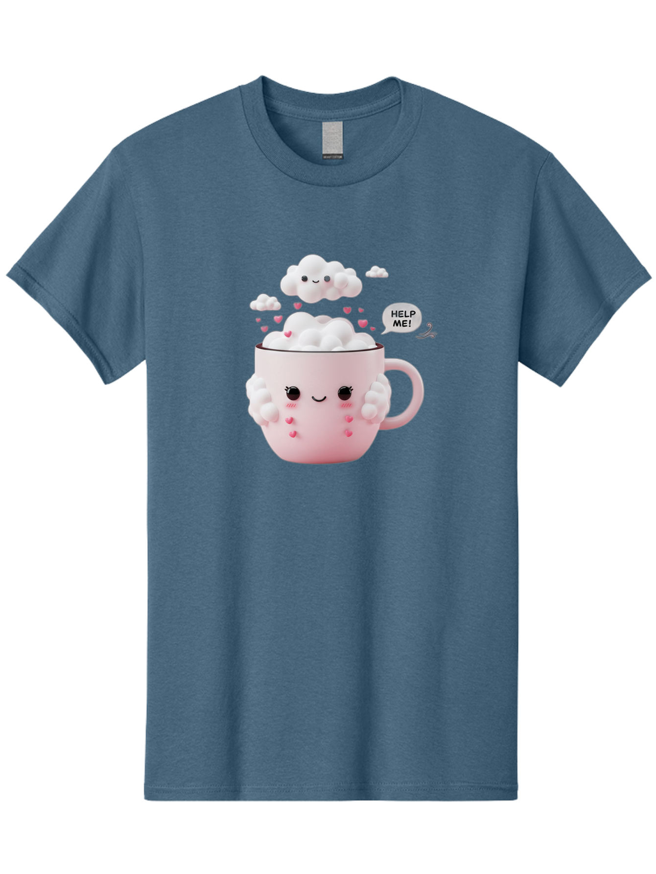 Help-Me-12 Men'S Graphic Tee, 100% Cotton, Comfortable Casual Summer Wear, Machine Washable, Cute Coffee Mug, Cartoon Character, Coffee Foam, Pink Hearts, Smiling Face, Speech Bubble, Help Me, Coffee Lover, Funny Illustration, Kawaii Art, Bac038