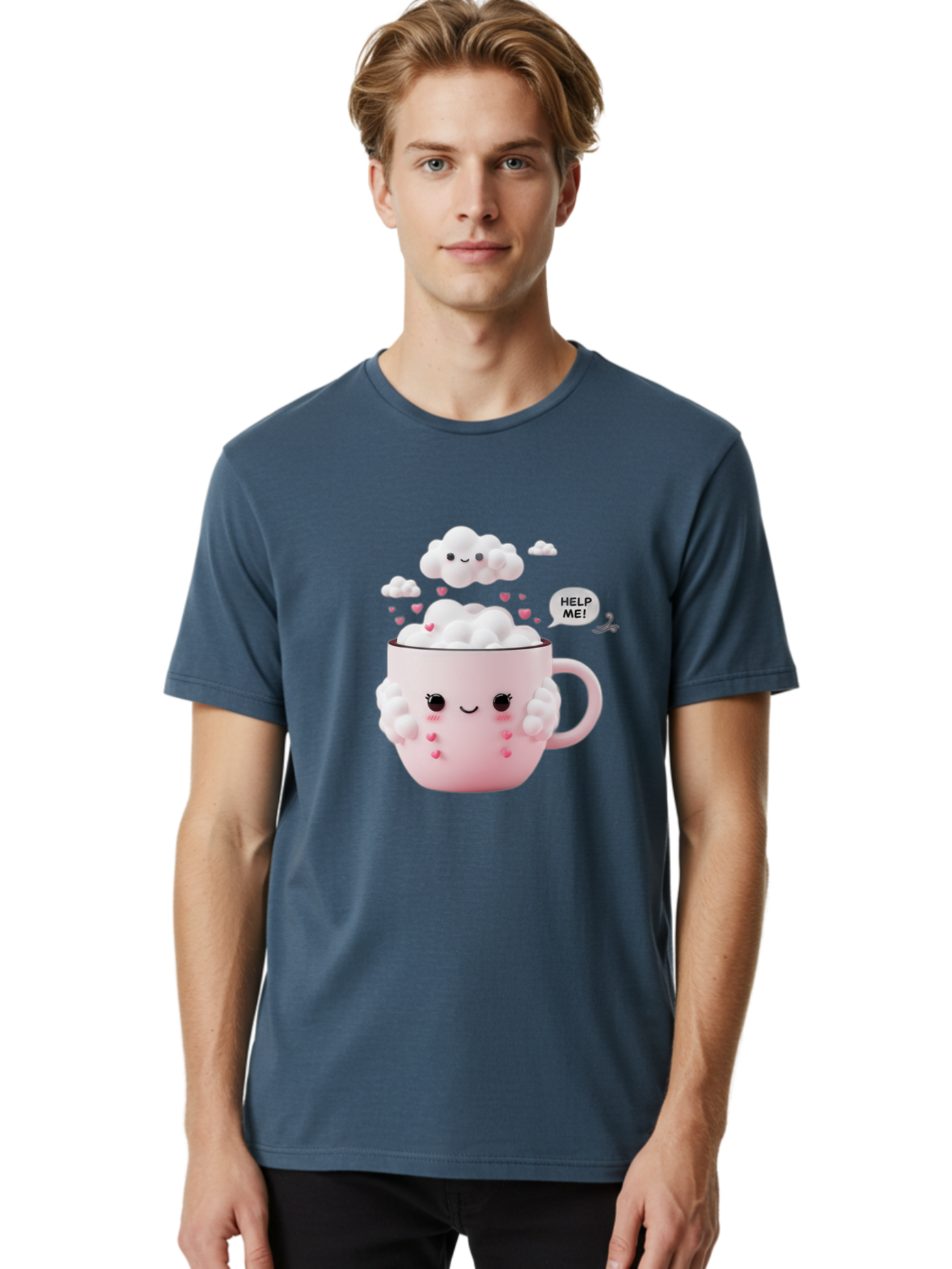 Help-Me-12 Men'S Graphic Tee, 100% Cotton, Comfortable Casual Summer Wear, Machine Washable, Cute Coffee Mug, Cartoon Character, Coffee Foam, Pink Hearts, Smiling Face, Speech Bubble, Help Me, Coffee Lover, Funny Illustration, Kawaii Art, Bac038