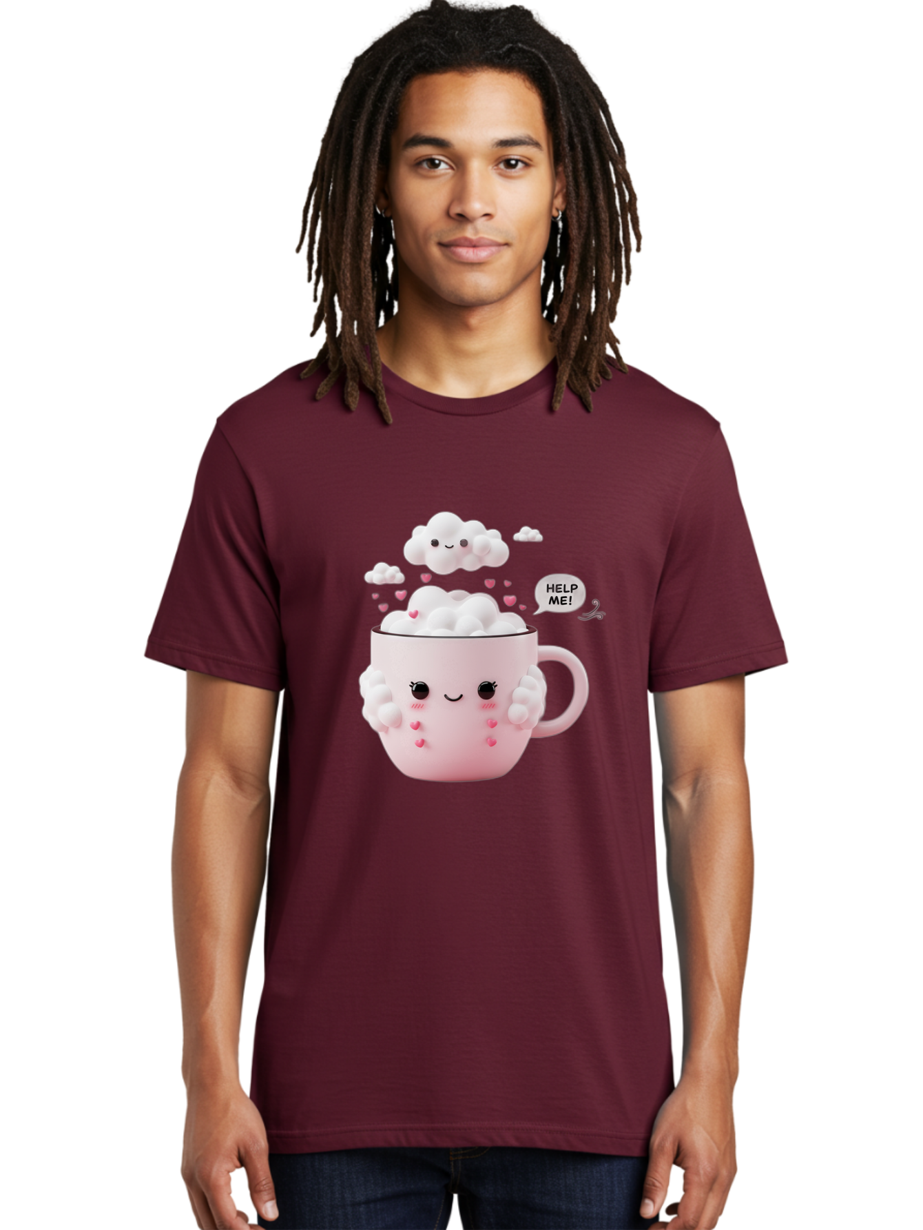 Help-Me-12 Men'S Graphic Tee, 100% Cotton, Comfortable Casual Summer Wear, Machine Washable, Cute Coffee Mug, Cartoon Character, Coffee Foam, Pink Hearts, Smiling Face, Speech Bubble, Help Me, Coffee Lover, Funny Illustration, Kawaii Art, Bac038