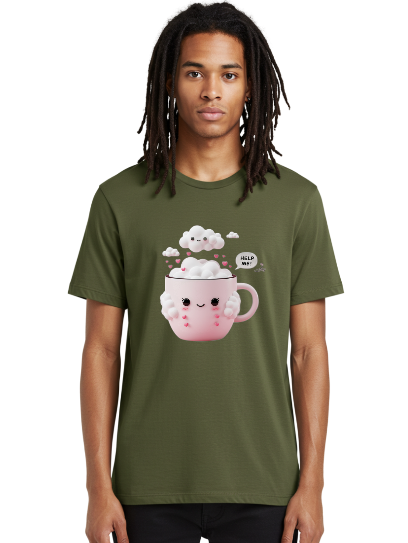 Help-Me-12 Men'S Graphic Tee, 100% Cotton, Comfortable Casual Summer Wear, Machine Washable, Cute Coffee Mug, Cartoon Character, Coffee Foam, Pink Hearts, Smiling Face, Speech Bubble, Help Me, Coffee Lover, Funny Illustration, Kawaii Art, Bac038