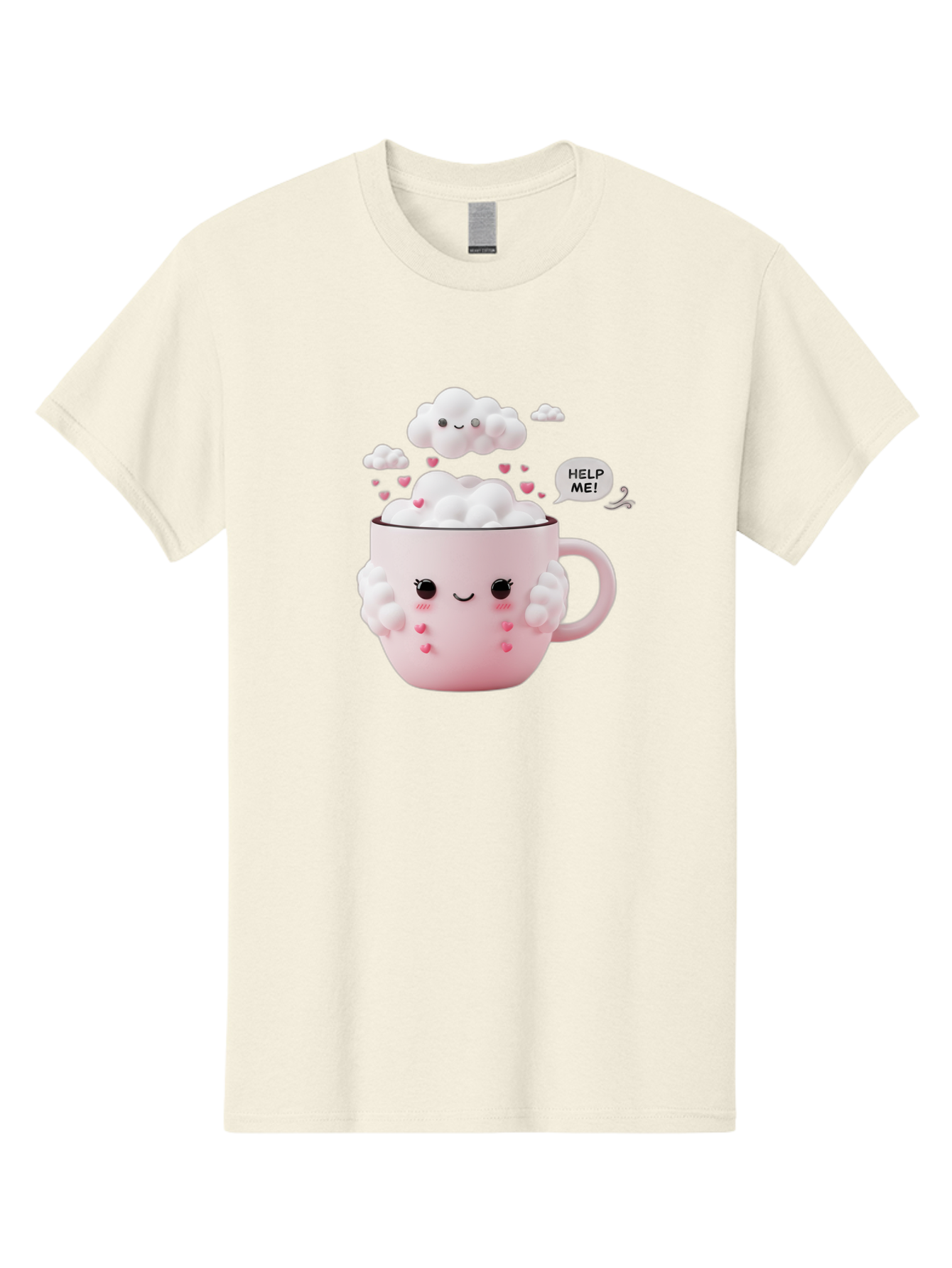 Help-Me-12 Men'S Graphic Tee, 100% Cotton, Comfortable Casual Summer Wear, Machine Washable, Cute Coffee Mug, Cartoon Character, Coffee Foam, Pink Hearts, Smiling Face, Speech Bubble, Help Me, Coffee Lover, Funny Illustration, Kawaii Art, Bac038
