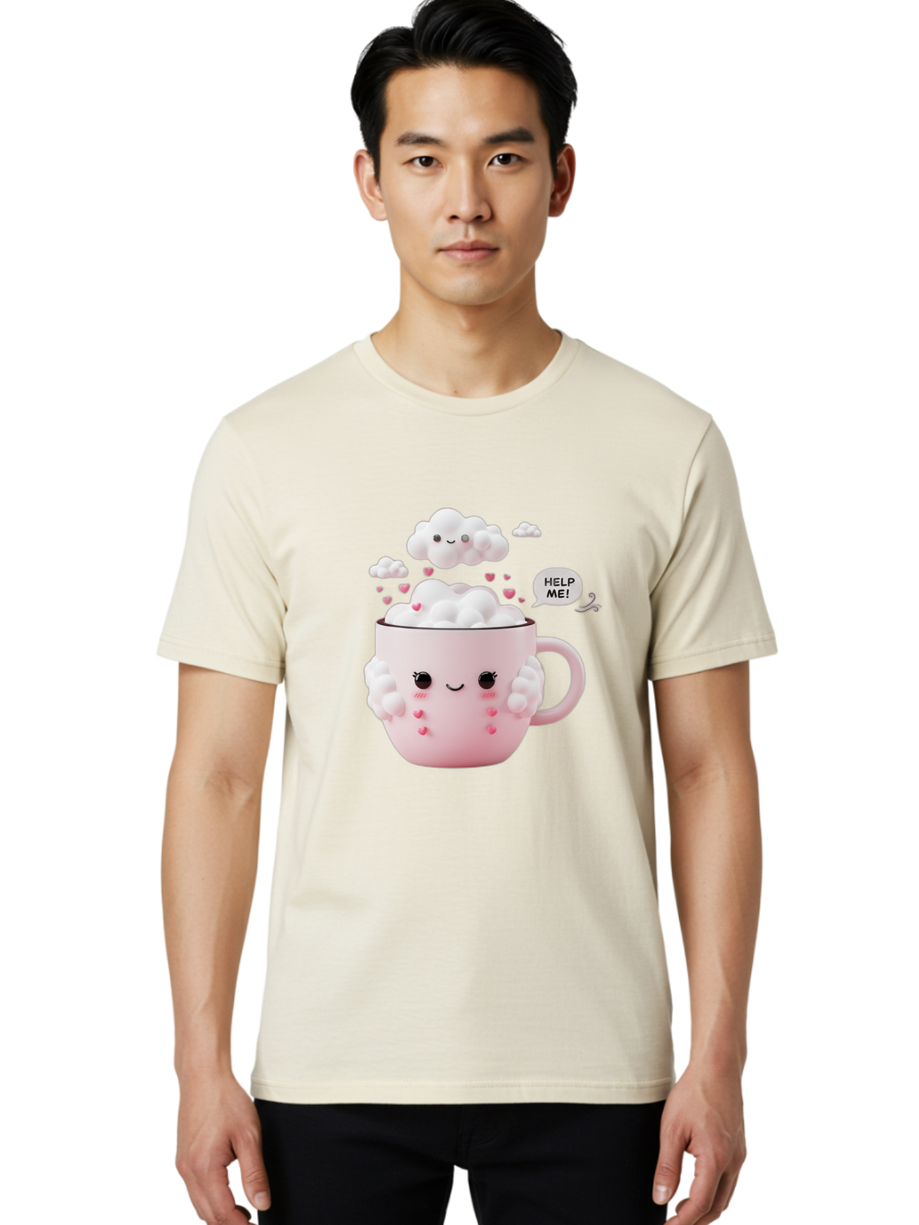 Help-Me-12 Men'S Graphic Tee, 100% Cotton, Comfortable Casual Summer Wear, Machine Washable, Cute Coffee Mug, Cartoon Character, Coffee Foam, Pink Hearts, Smiling Face, Speech Bubble, Help Me, Coffee Lover, Funny Illustration, Kawaii Art, Bac038