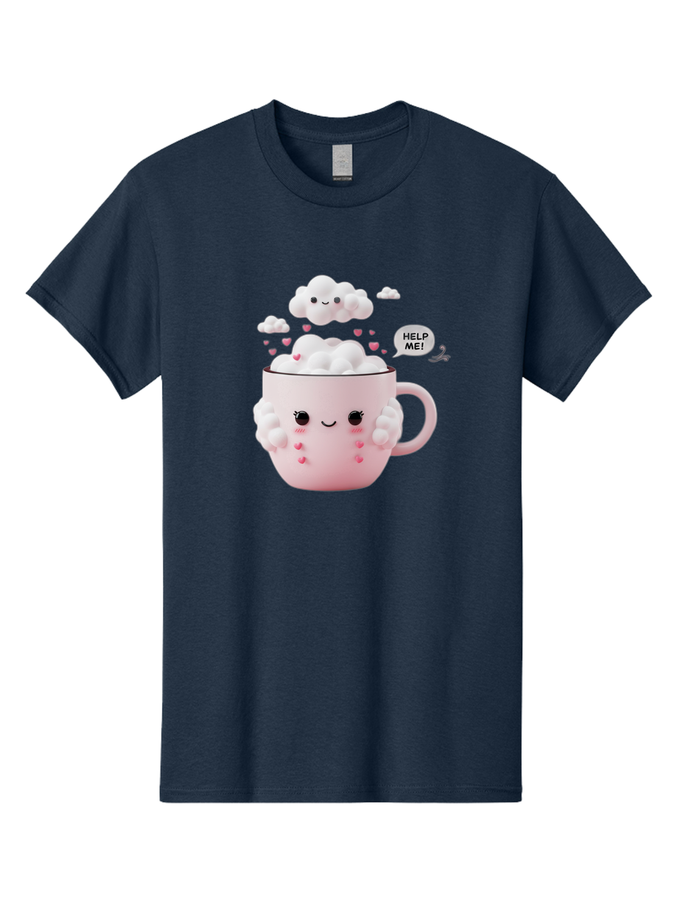 Help-Me-12 Men'S Graphic Tee, 100% Cotton, Comfortable Casual Summer Wear, Machine Washable, Cute Coffee Mug, Cartoon Character, Coffee Foam, Pink Hearts, Smiling Face, Speech Bubble, Help Me, Coffee Lover, Funny Illustration, Kawaii Art, Bac038
