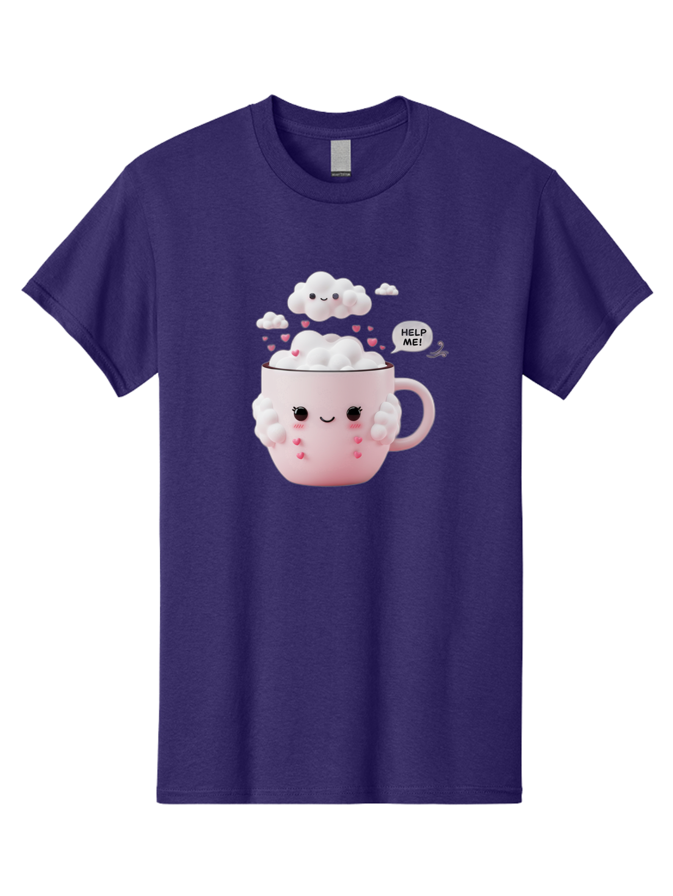 Help-Me-12 Men'S Graphic Tee, 100% Cotton, Comfortable Casual Summer Wear, Machine Washable, Cute Coffee Mug, Cartoon Character, Coffee Foam, Pink Hearts, Smiling Face, Speech Bubble, Help Me, Coffee Lover, Funny Illustration, Kawaii Art, Bac038