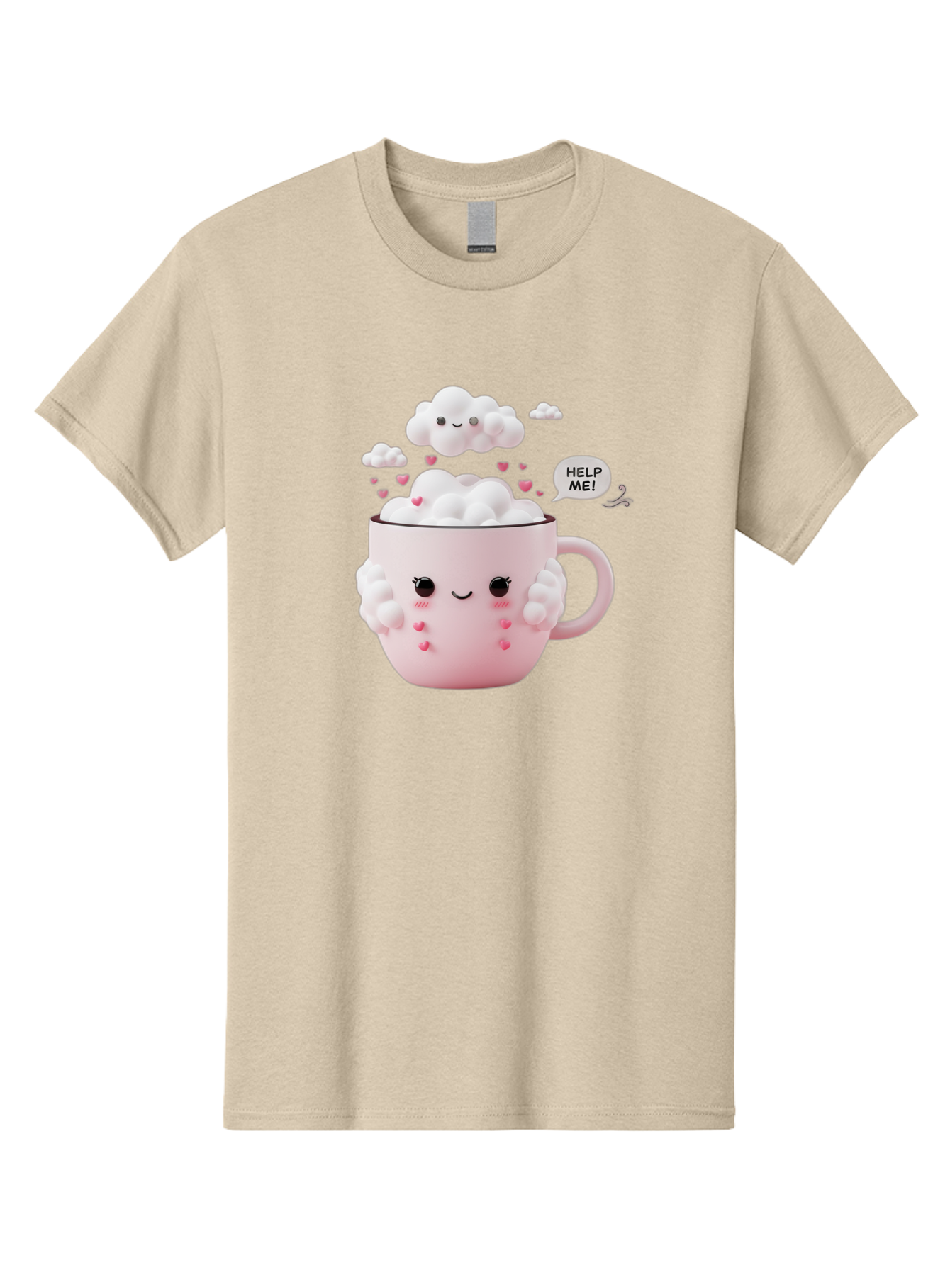 Help-Me-12 Men'S Graphic Tee, 100% Cotton, Comfortable Casual Summer Wear, Machine Washable, Cute Coffee Mug, Cartoon Character, Coffee Foam, Pink Hearts, Smiling Face, Speech Bubble, Help Me, Coffee Lover, Funny Illustration, Kawaii Art, Bac038