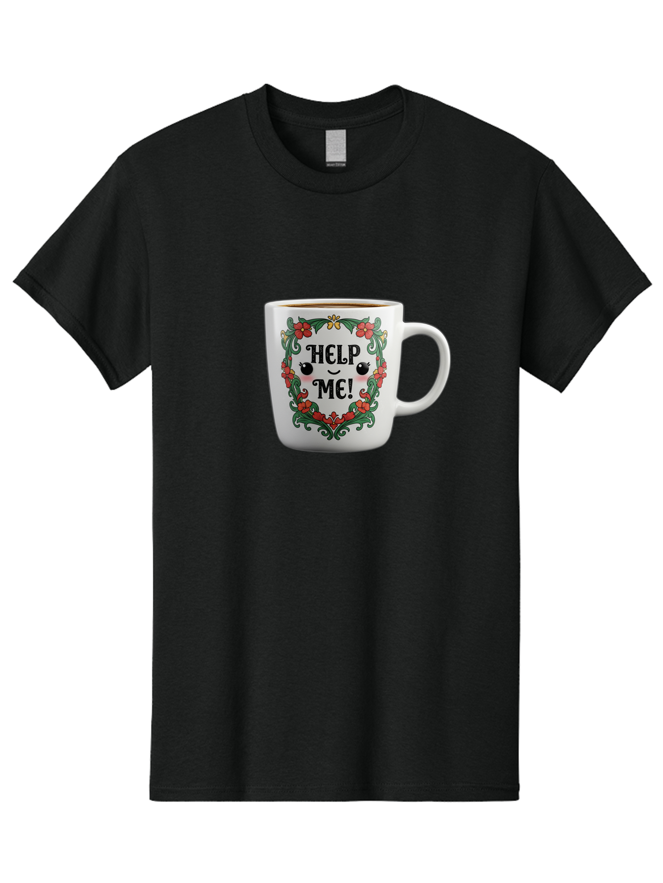 Help-Me-13 Men'S Graphic Tee, 100% Cotton, Comfortable Casual Summer Wear, Machine Washable, Funny Coffee Mug, Quirky Design, Distressed Humor, Floral Wreath, Cute Face, Humorous Quote, Playful Design, Novelty Mug, Coffee Lover Gift Bac039