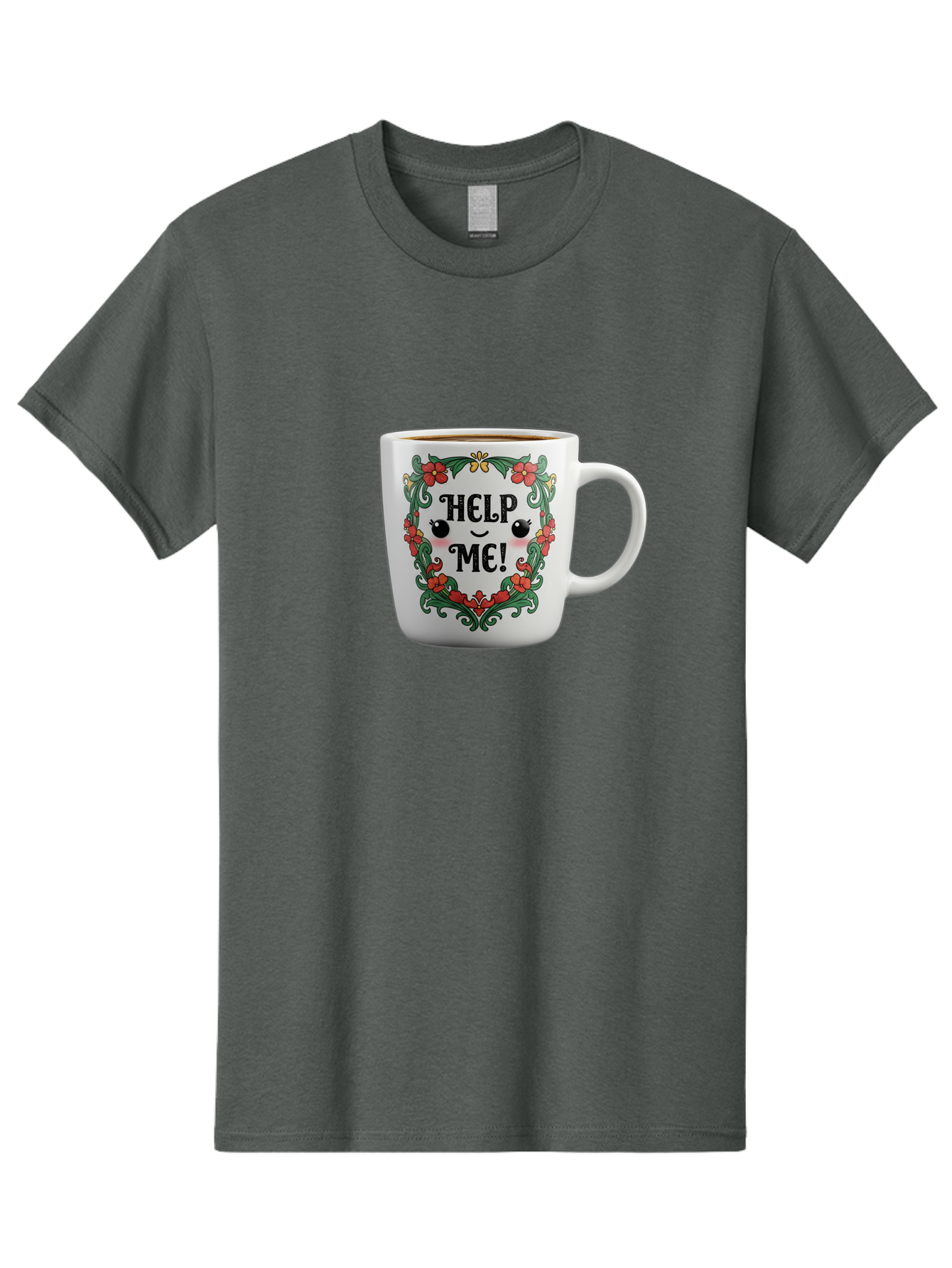 Help-Me-13 Men'S Graphic Tee, 100% Cotton, Comfortable Casual Summer Wear, Machine Washable, Funny Coffee Mug, Quirky Design, Distressed Humor, Floral Wreath, Cute Face, Humorous Quote, Playful Design, Novelty Mug, Coffee Lover Gift Bac039