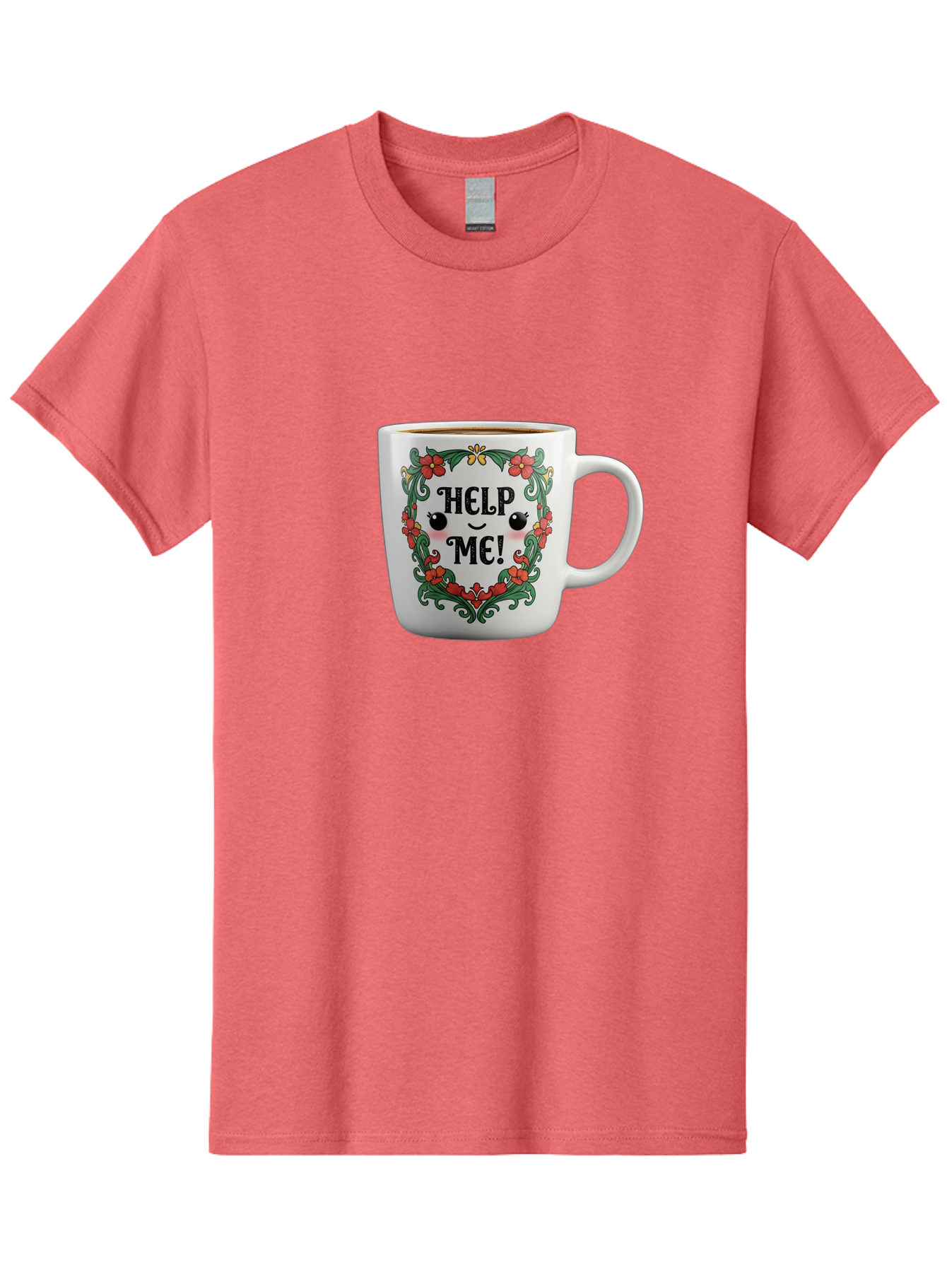 Help-Me-13 Men'S Graphic Tee, 100% Cotton, Comfortable Casual Summer Wear, Machine Washable, Funny Coffee Mug, Quirky Design, Distressed Humor, Floral Wreath, Cute Face, Humorous Quote, Playful Design, Novelty Mug, Coffee Lover Gift Bac039